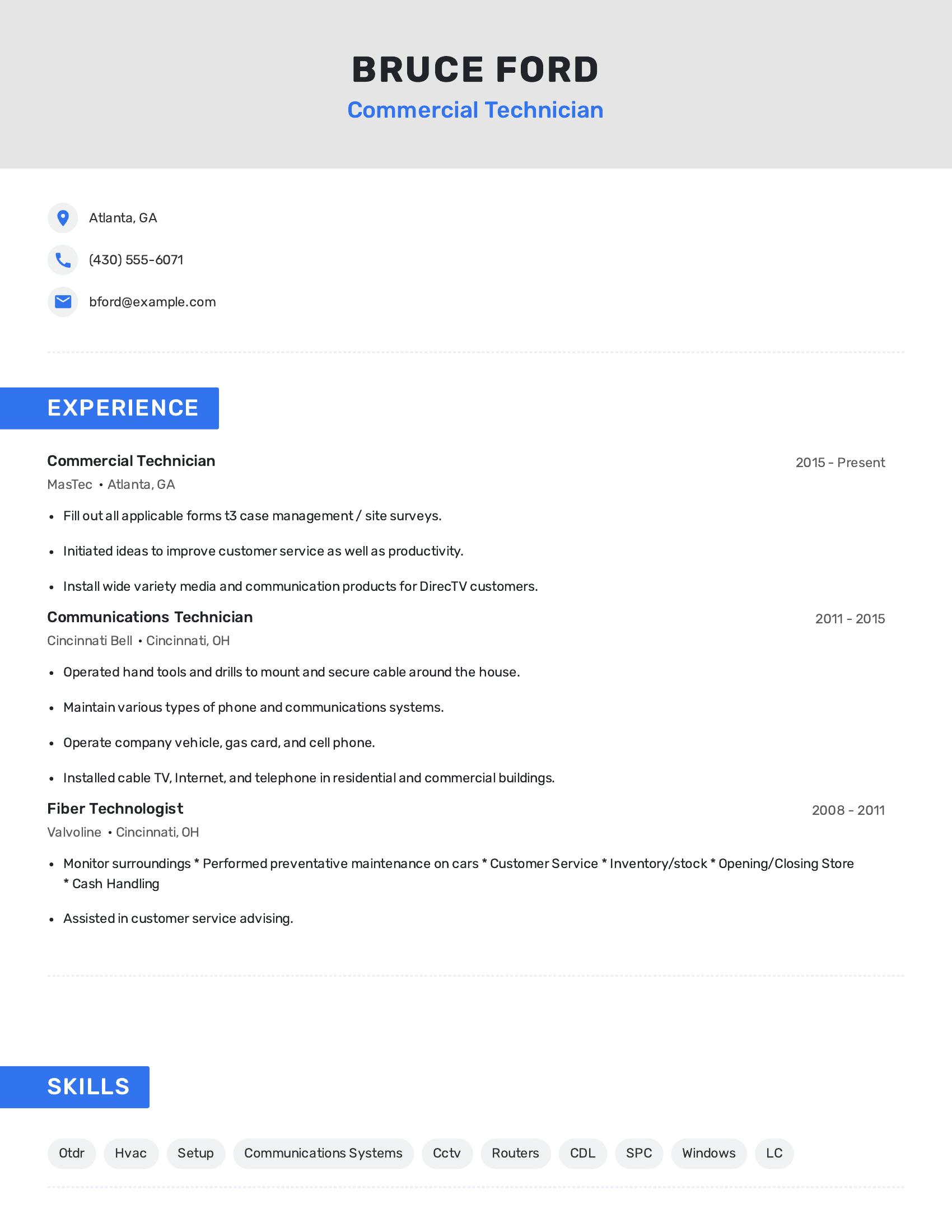 Commercial Technician resume example