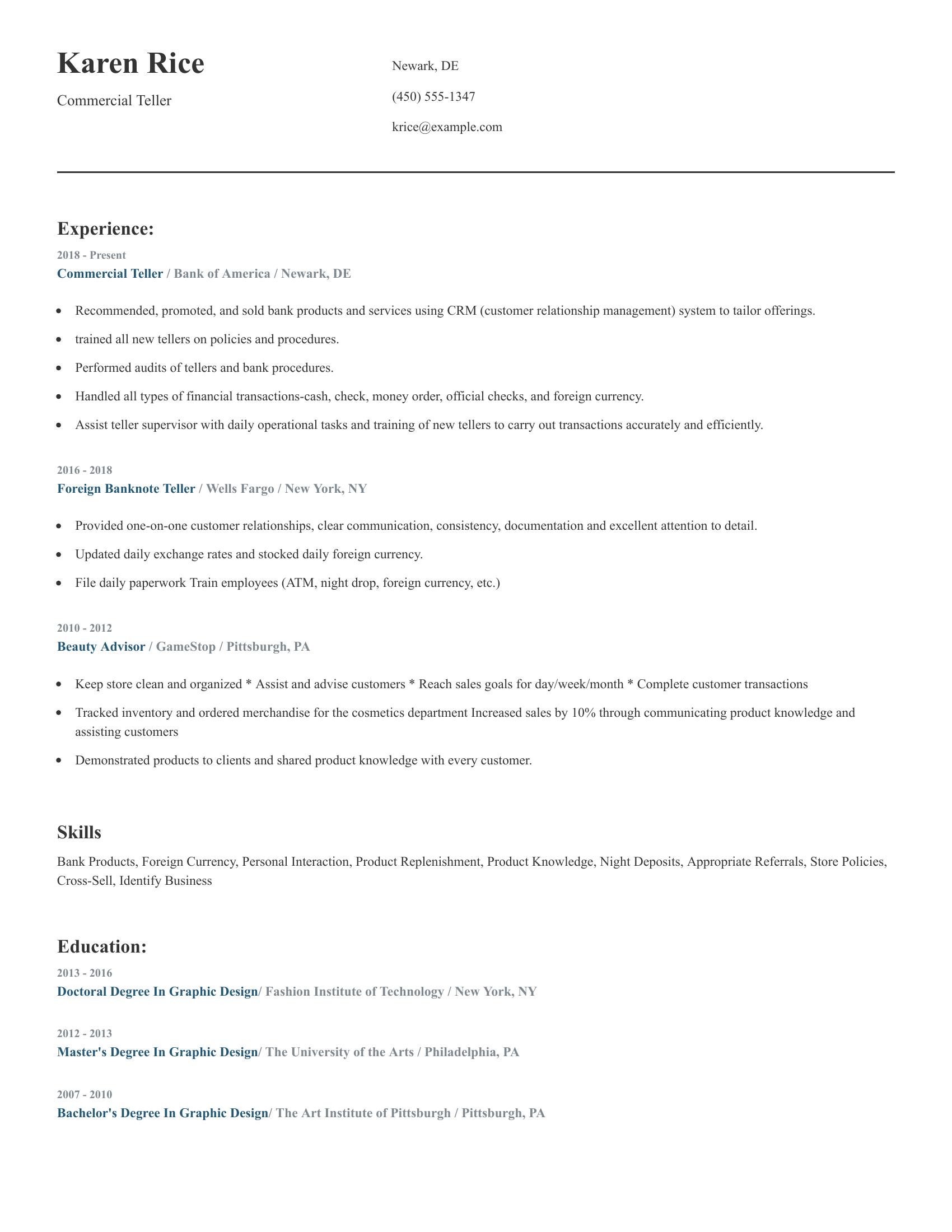 Commercial Teller resume example