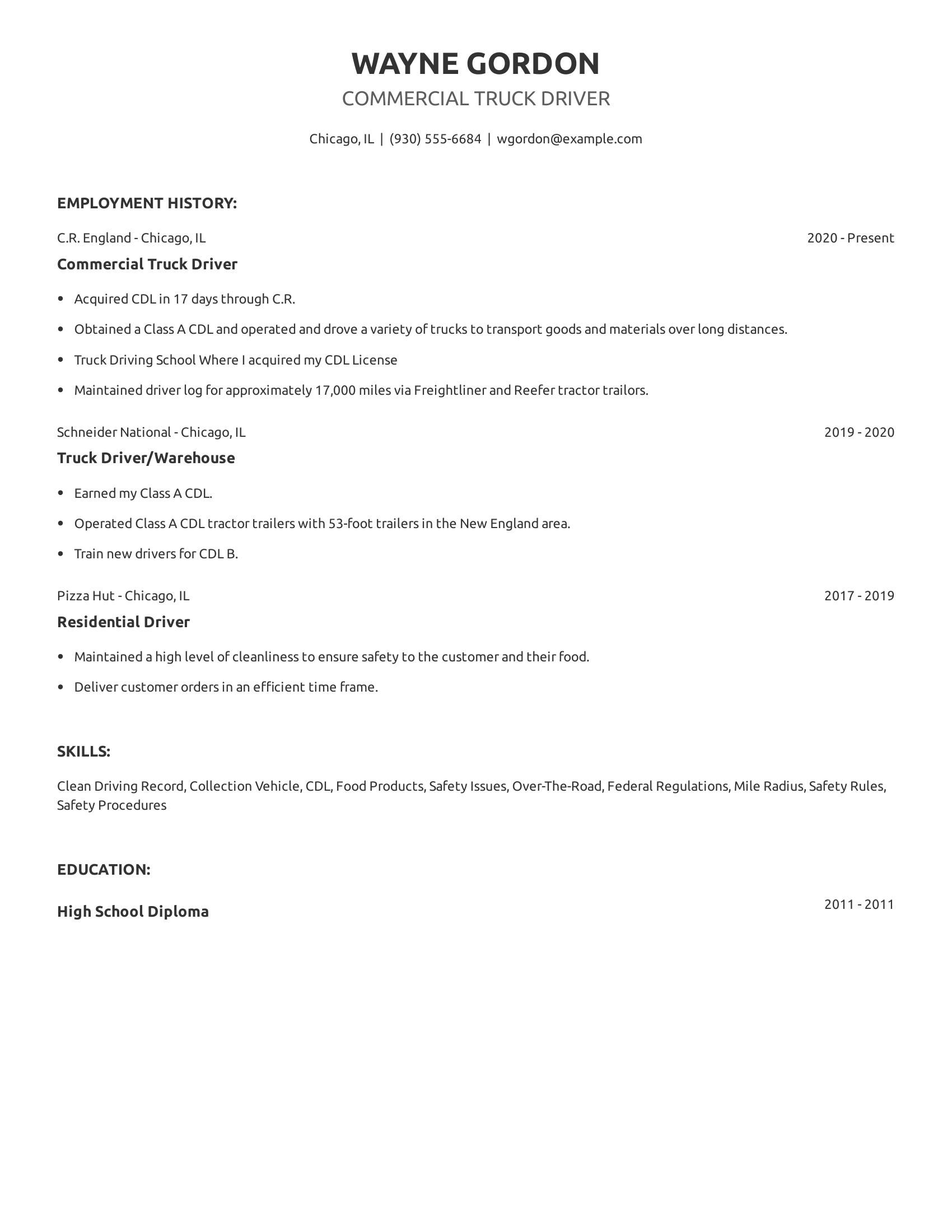 Commercial Truck Driver resume example