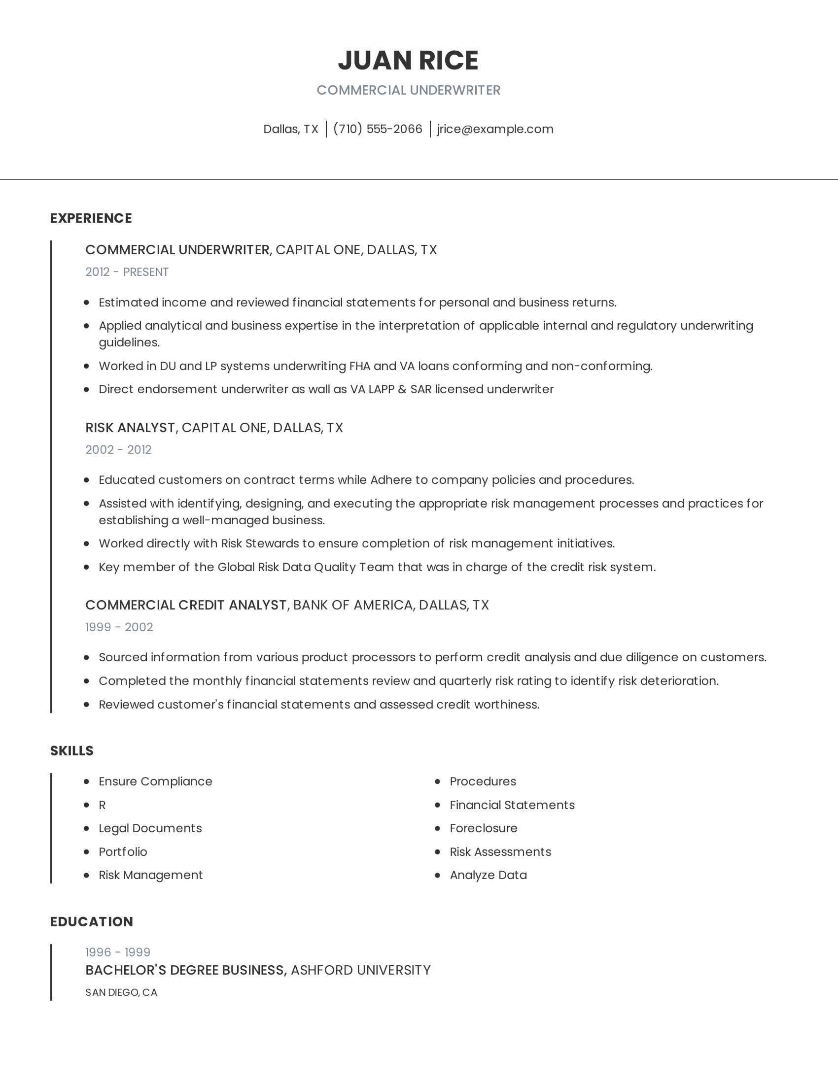 Commercial Underwriter resume example