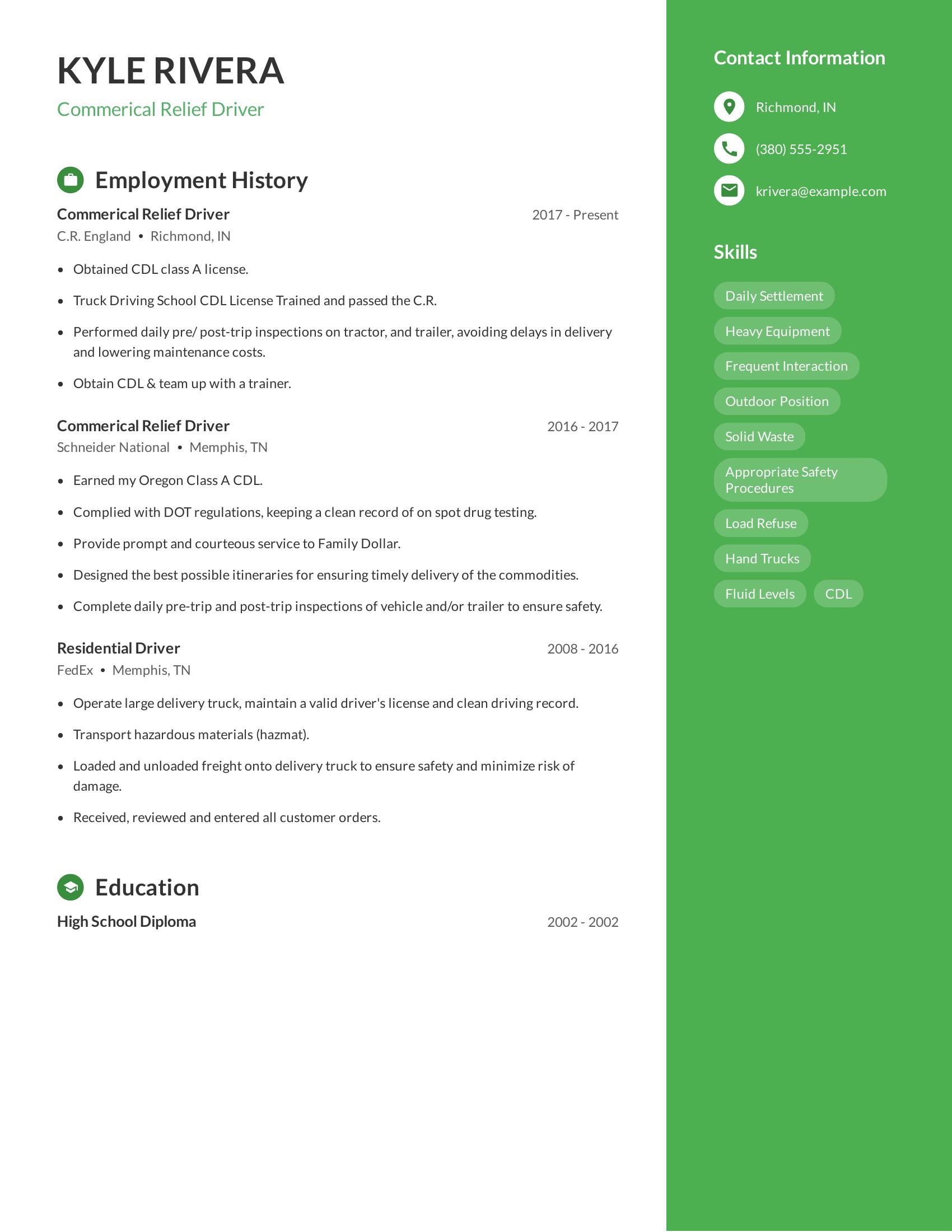 Commerical Relief Driver resume example