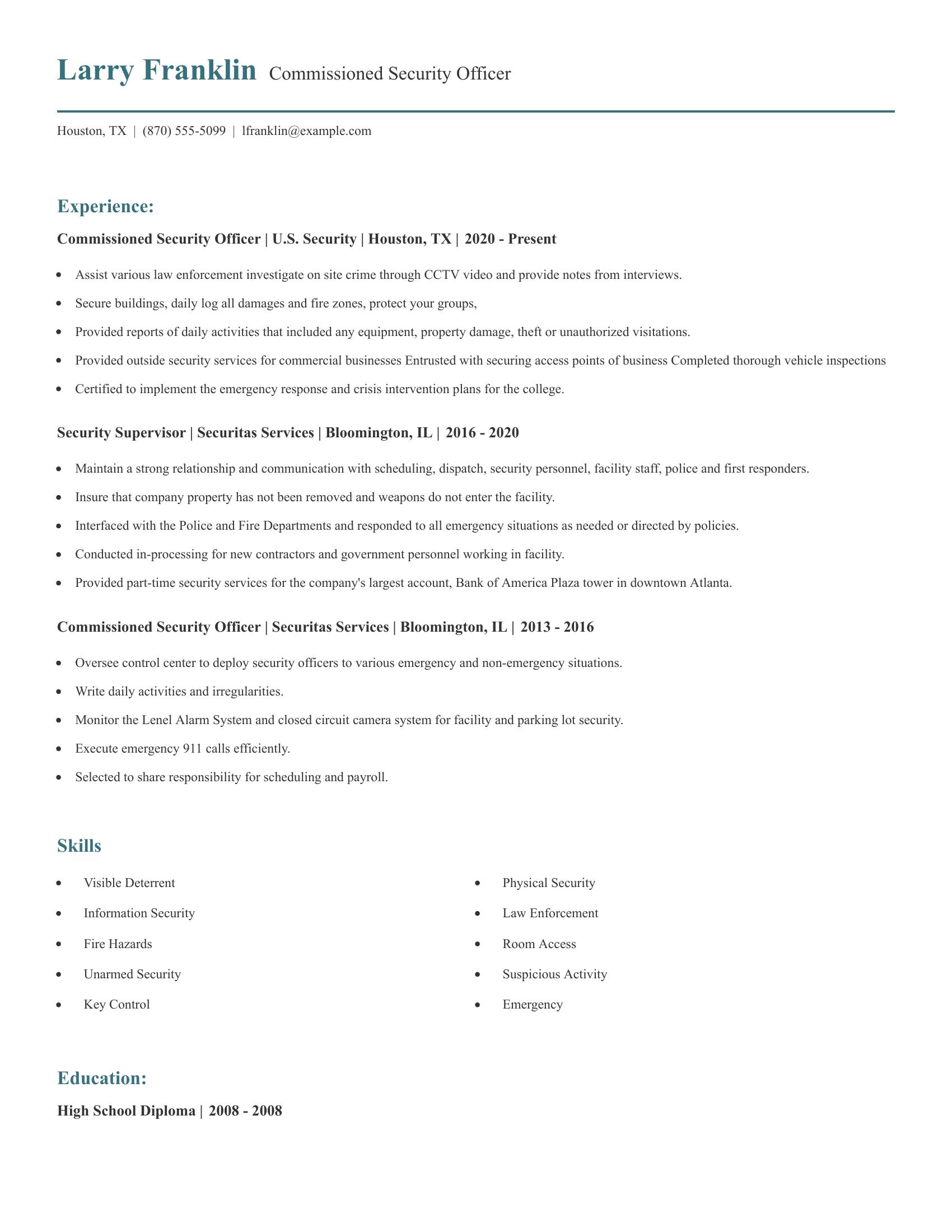 Commissioned Security Officer resume example