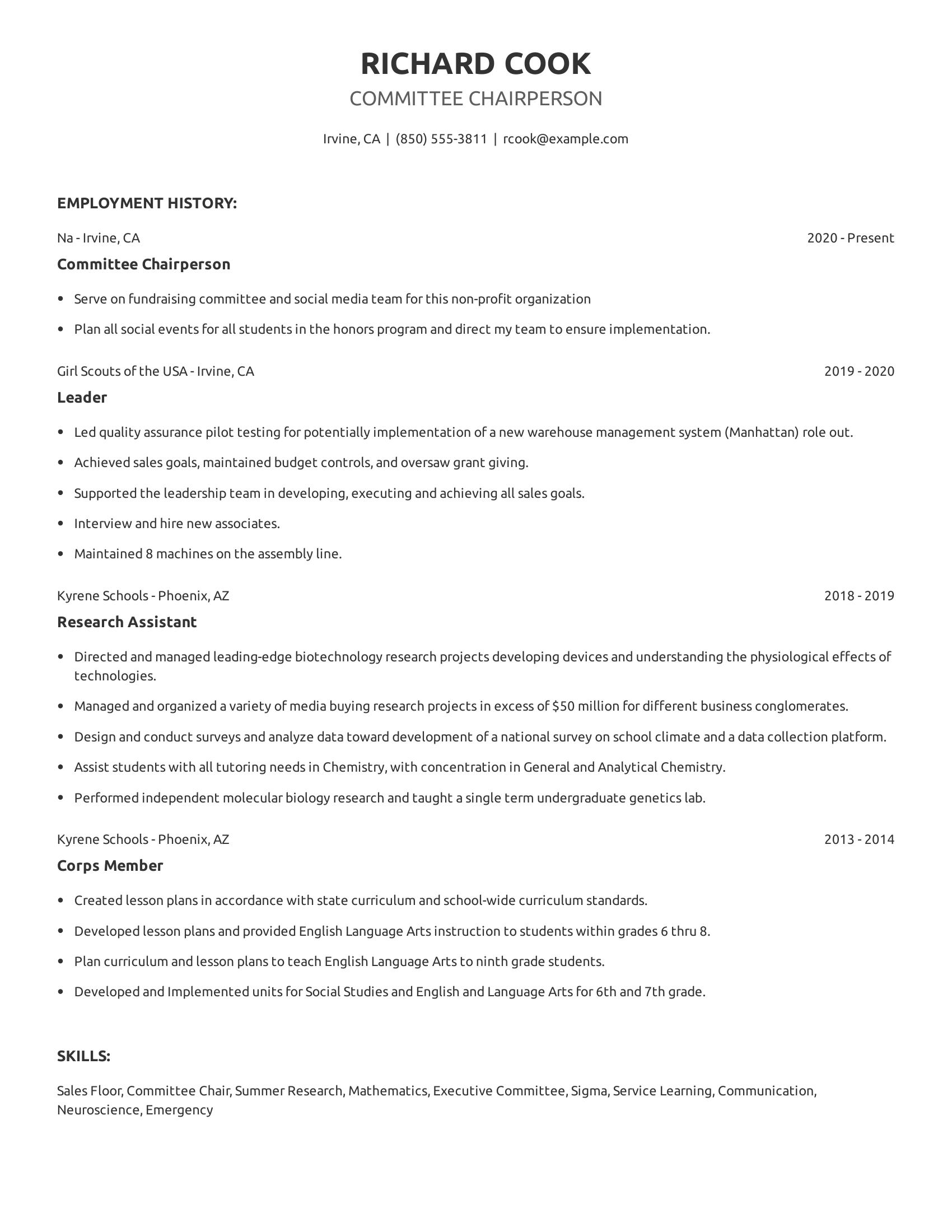 Committee Chairperson resume example