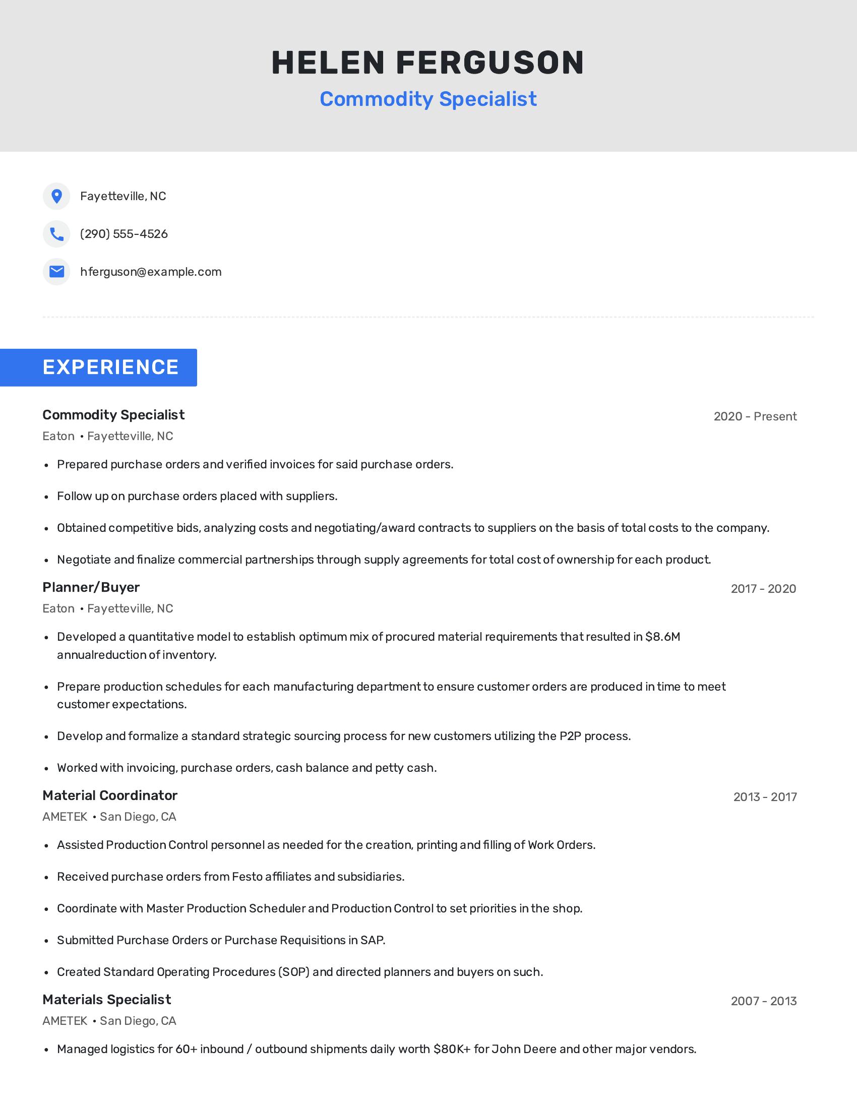 Commodity Specialist resume example