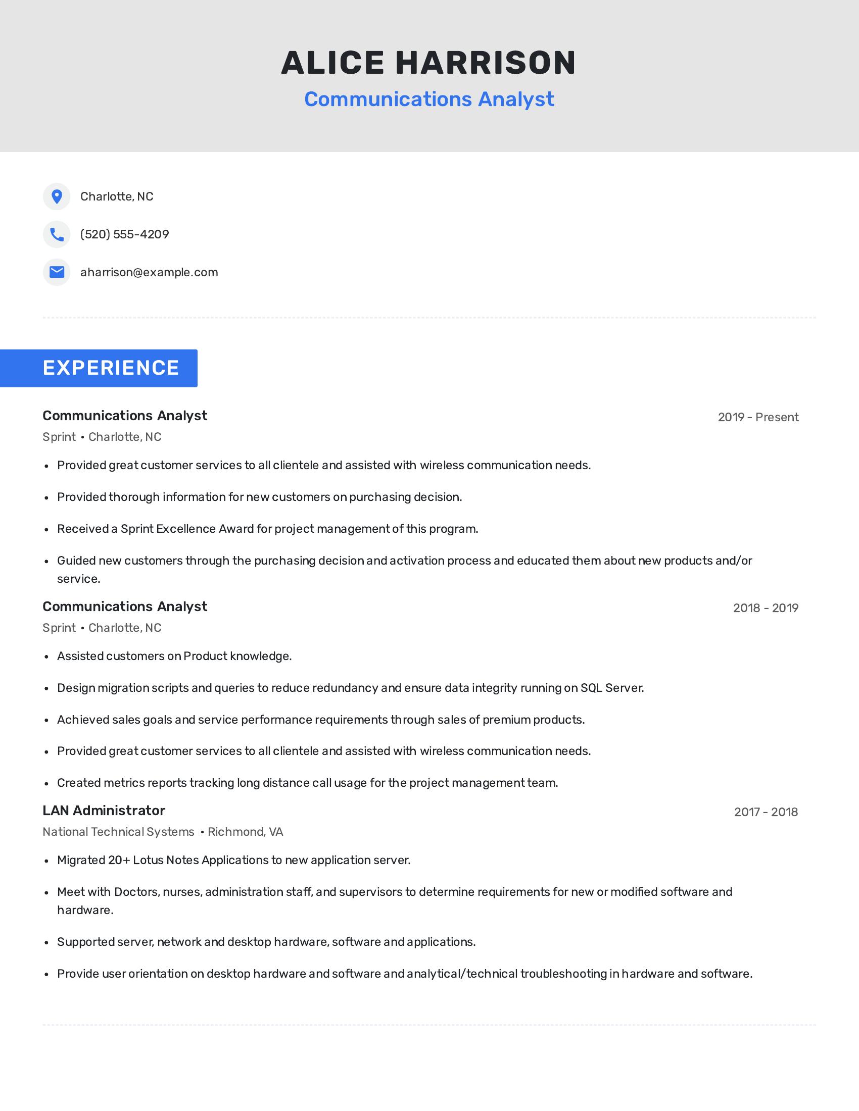 Communications Analyst resume example