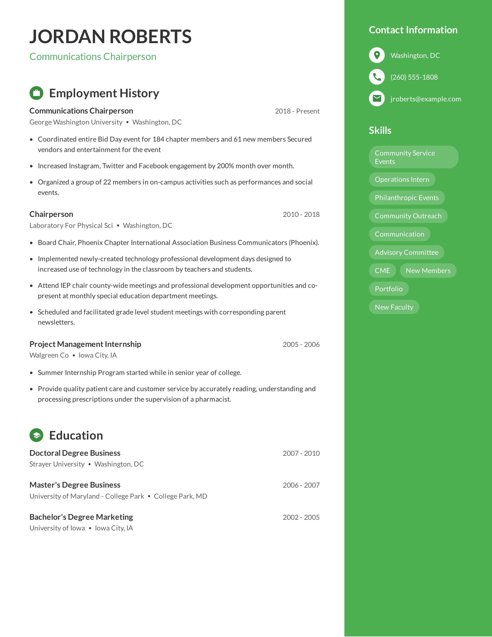 Communications Chairperson resume example