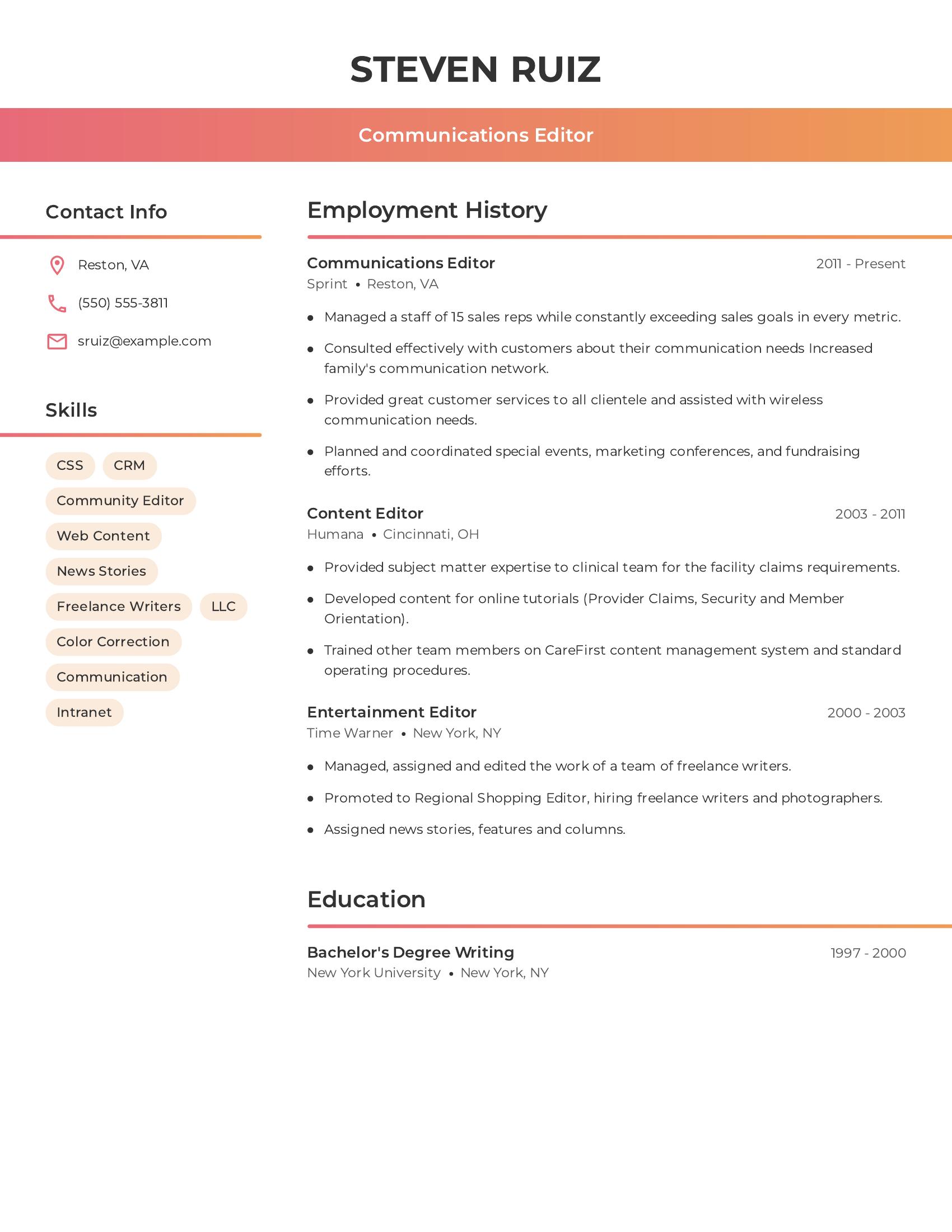 Communications Editor resume example