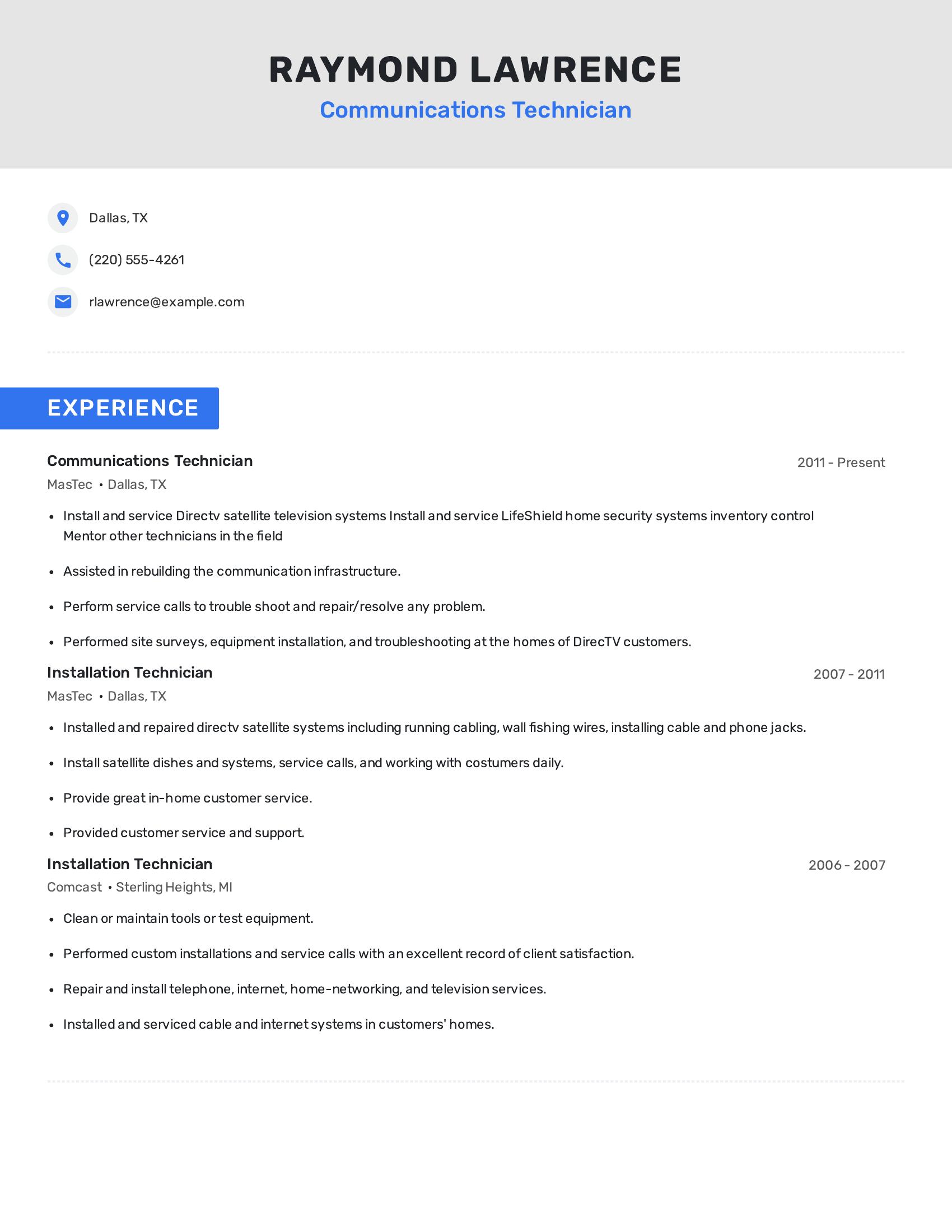 Communications Technician resume example