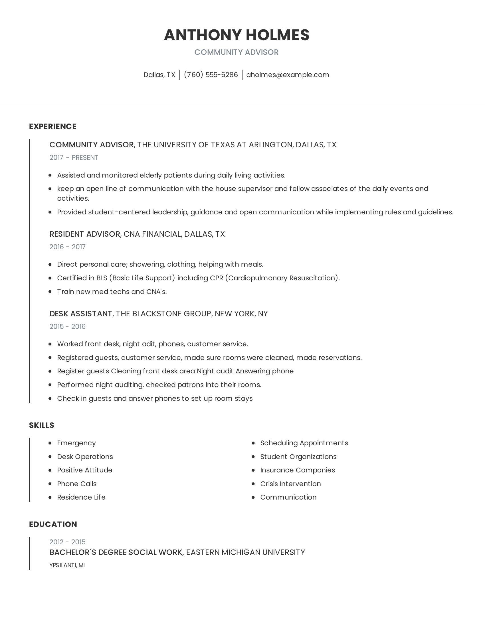 Community Advisor resume example