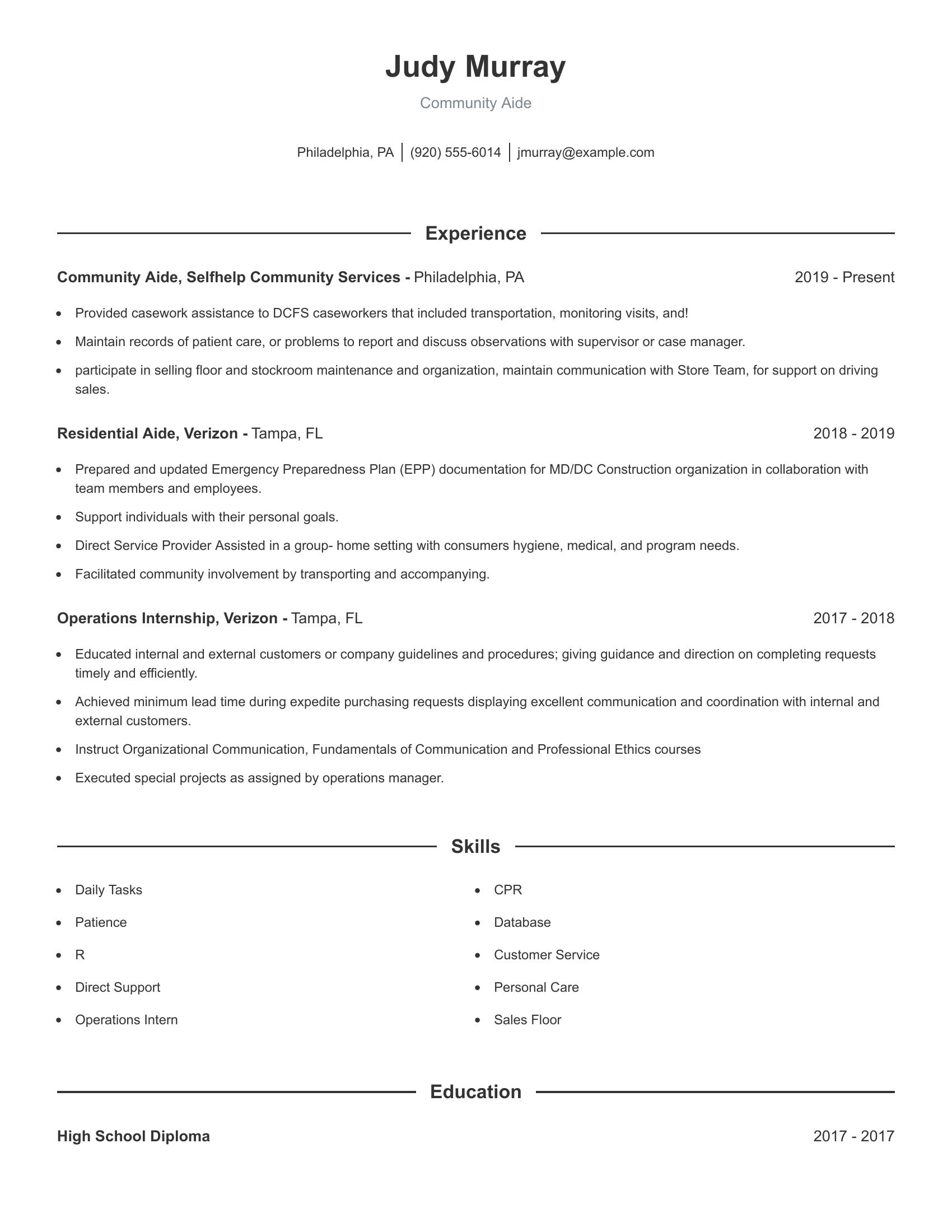 Community Aide resume example