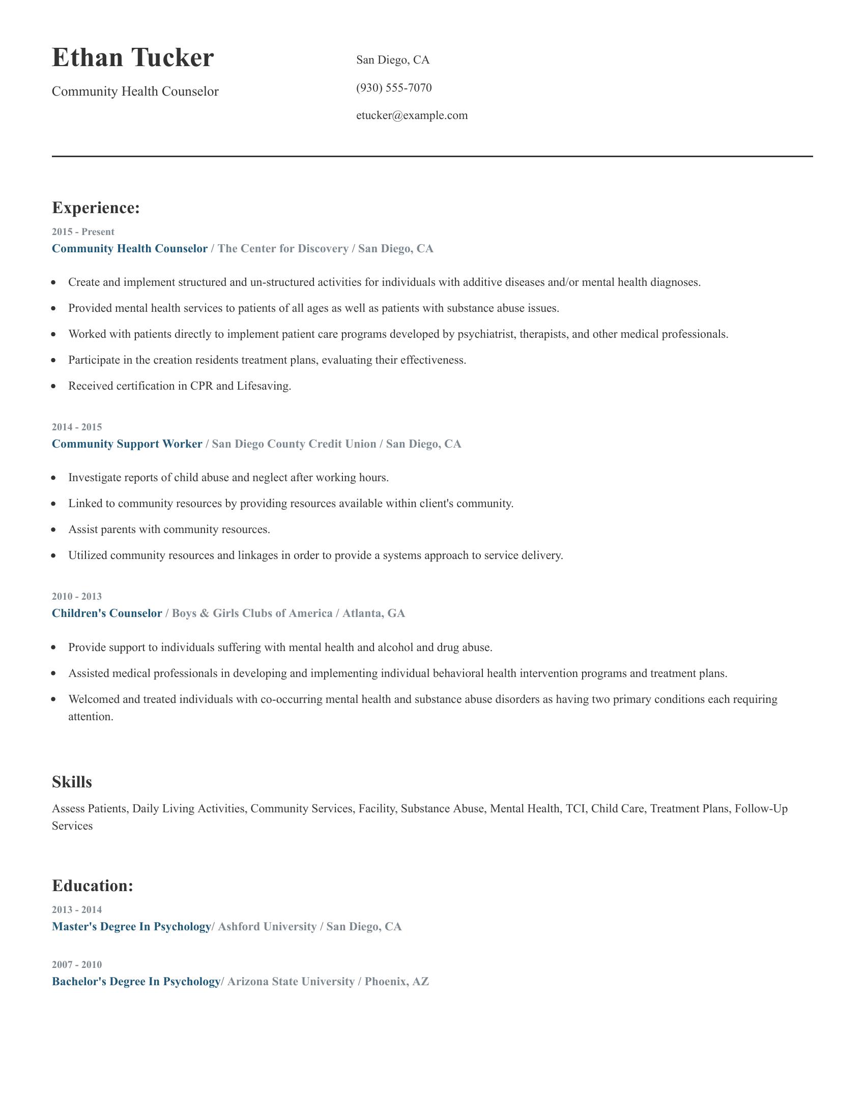 Community Health Counselor resume example