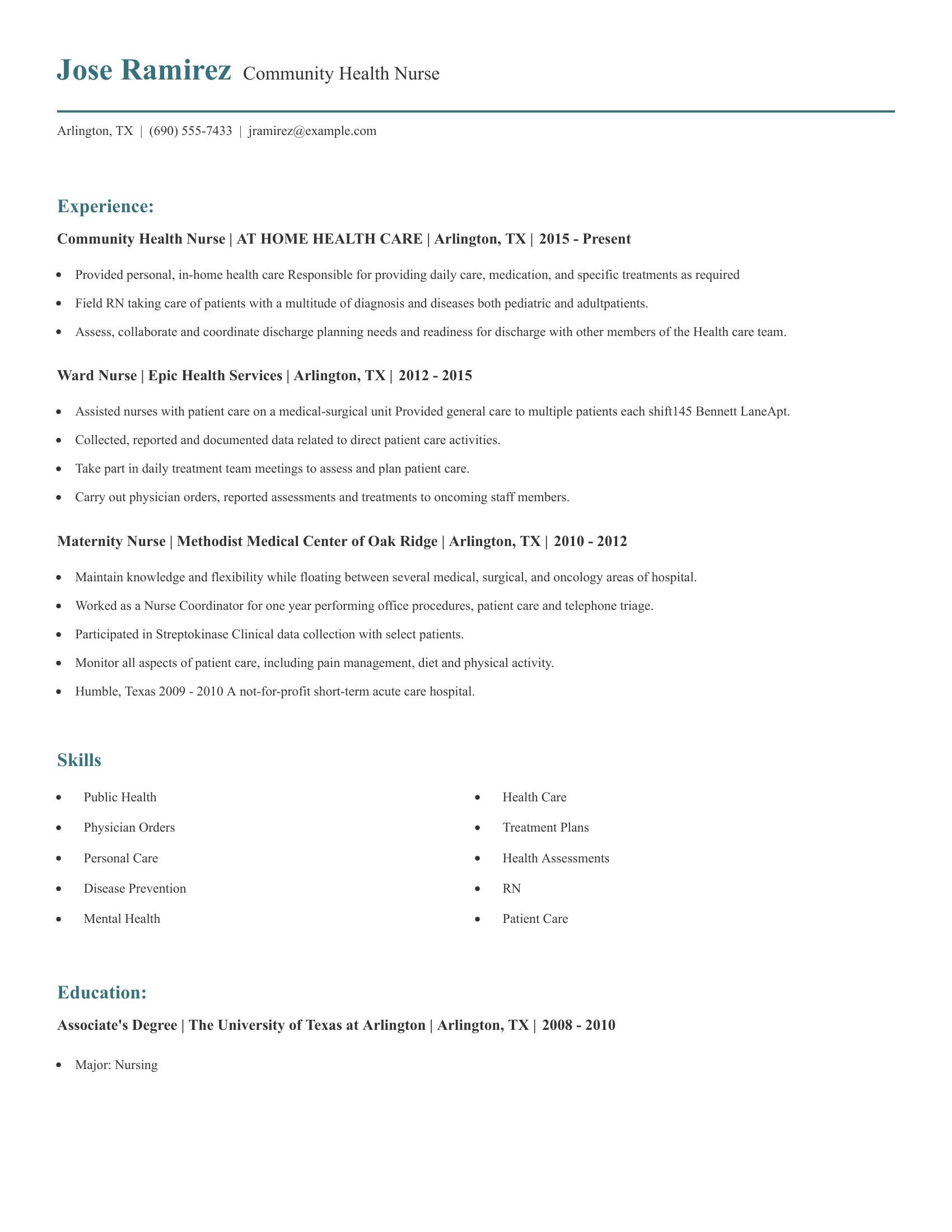 Community Health Nurse resume example