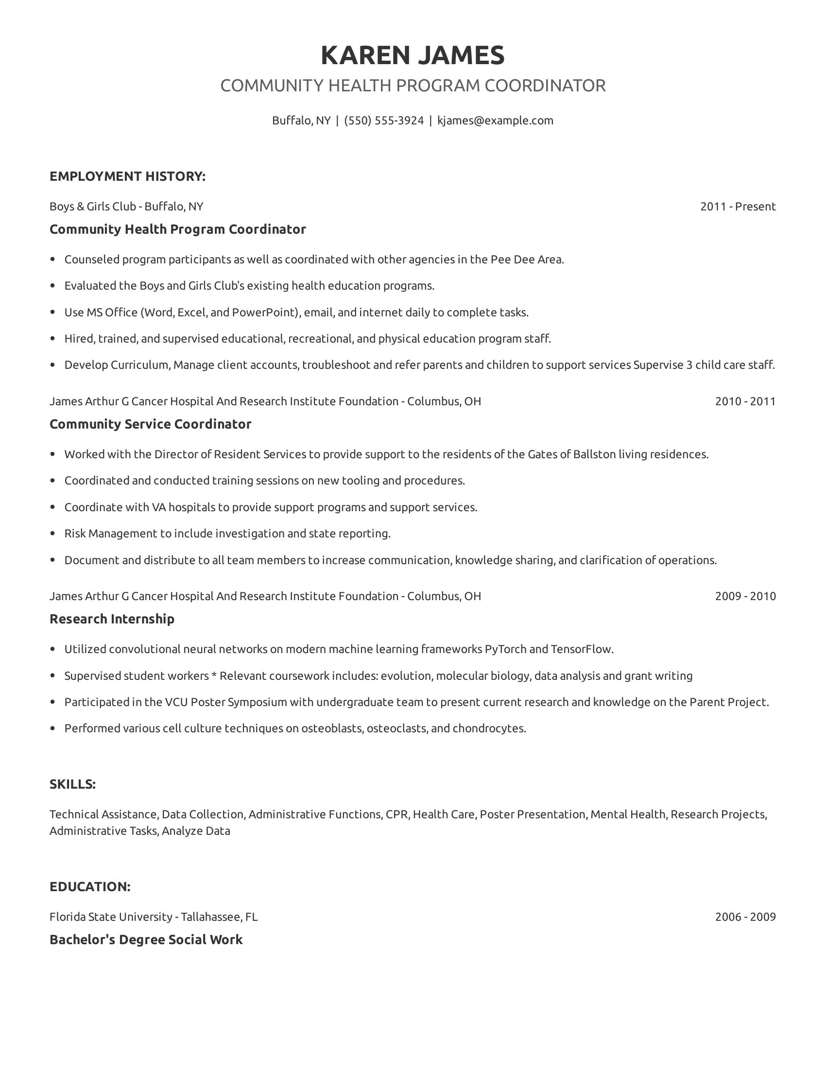 Community Health Program Coordinator resume example