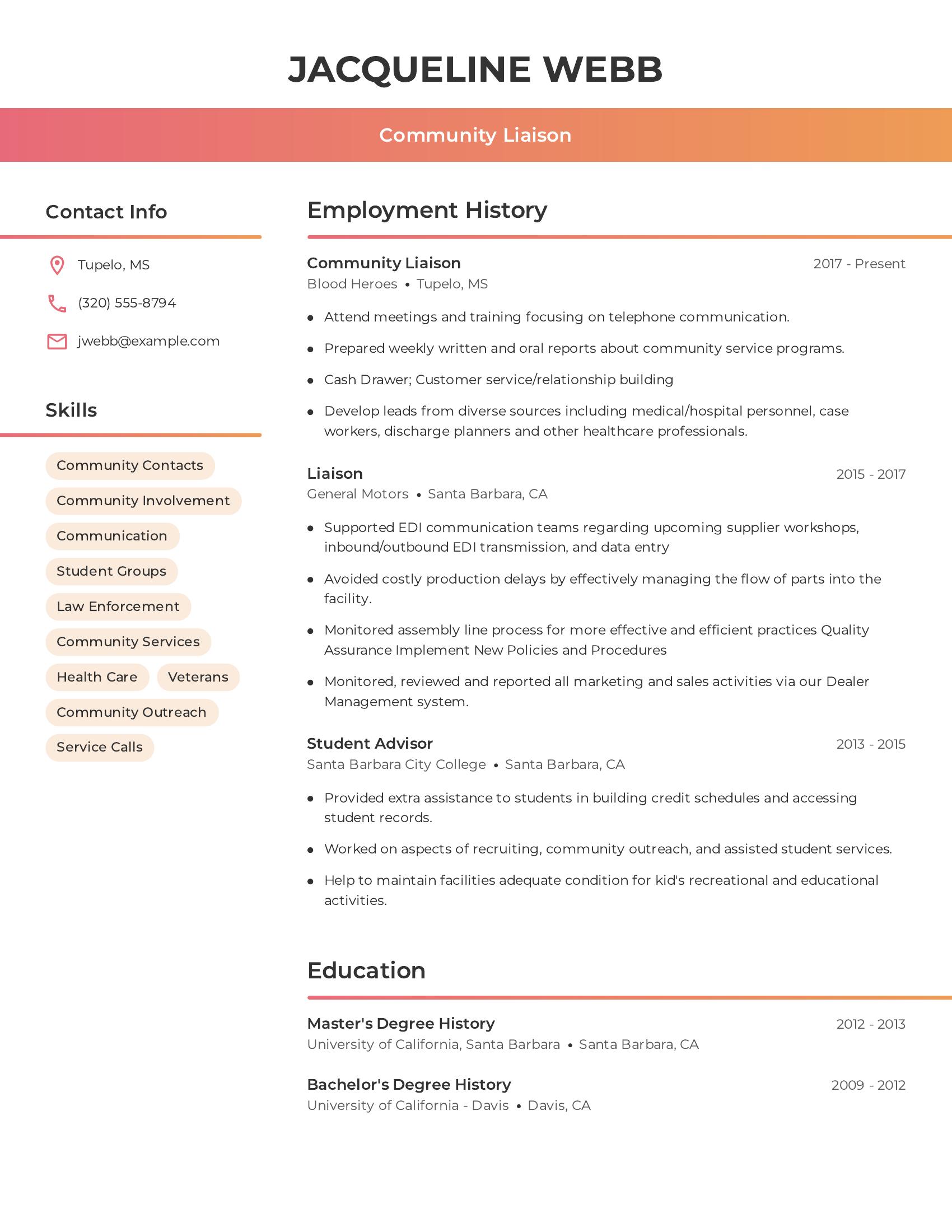 Community Liaison resume example