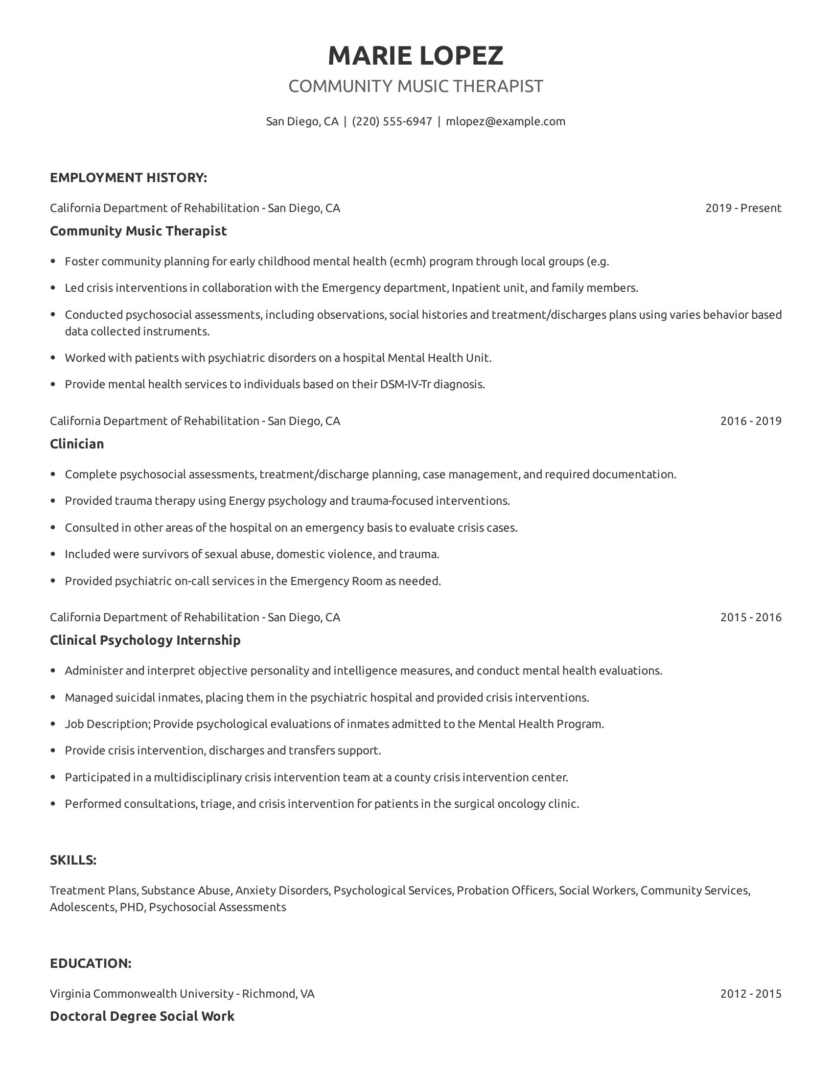 Community Music Therapist resume example