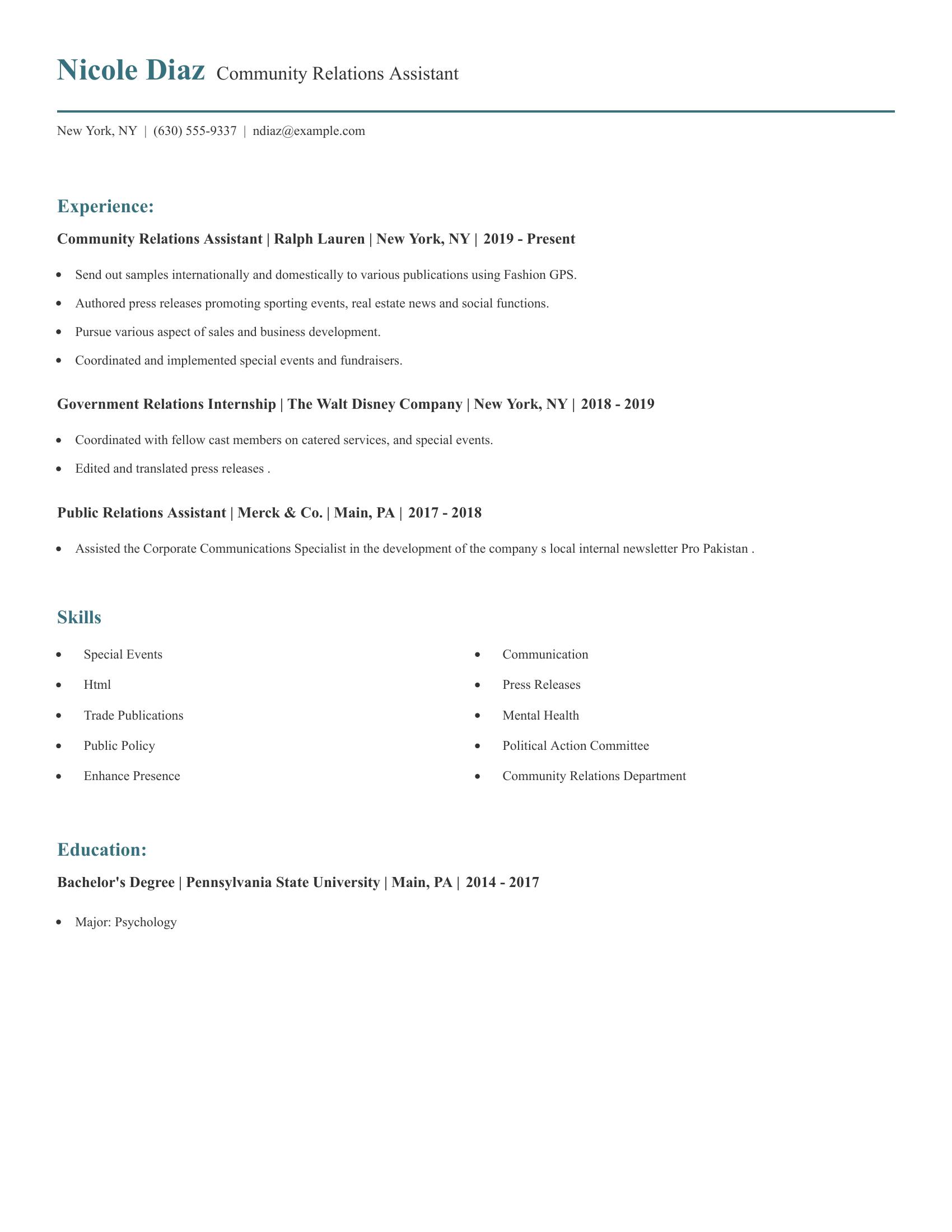 Community Relations Assistant resume example