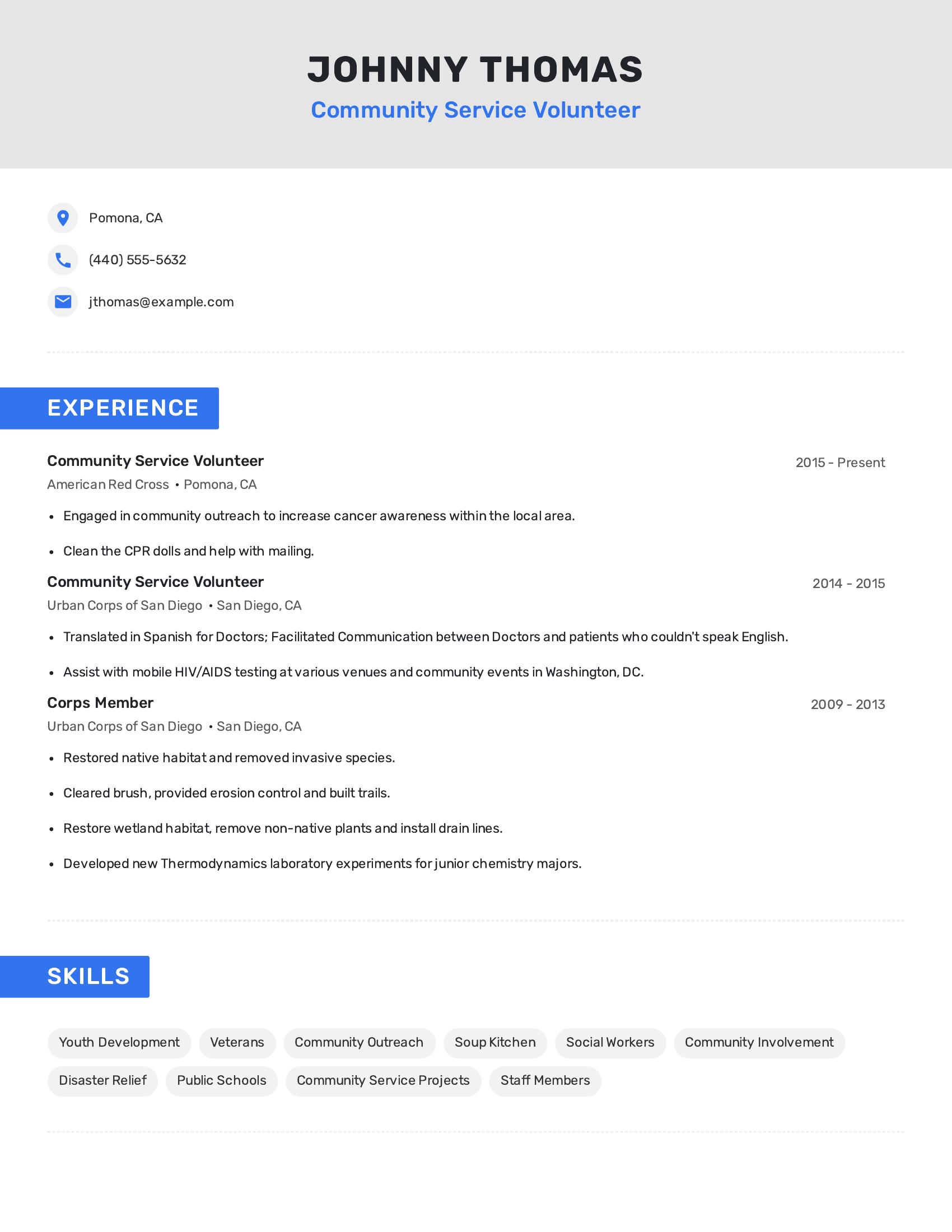 Community Service Volunteer resume example