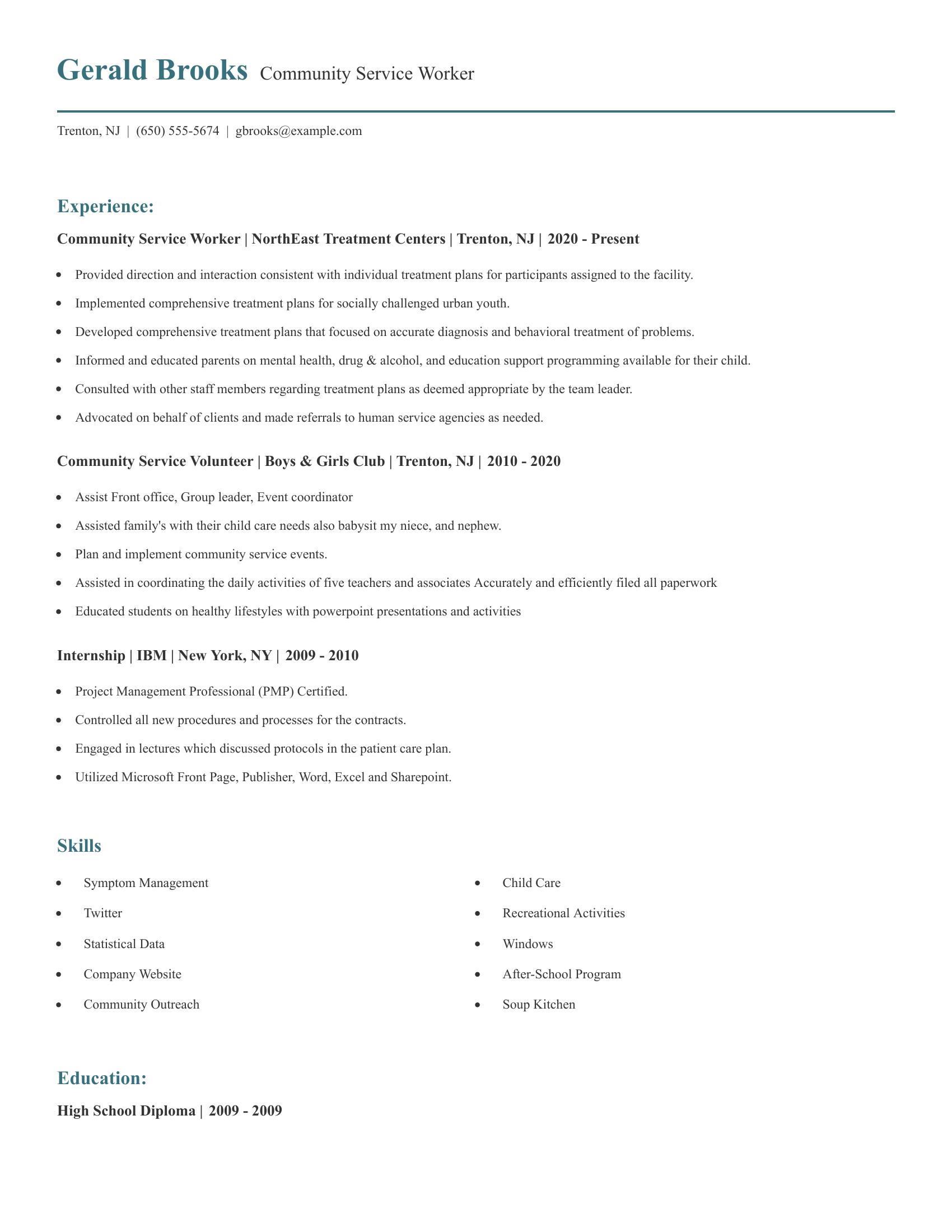 Community Service Worker resume example