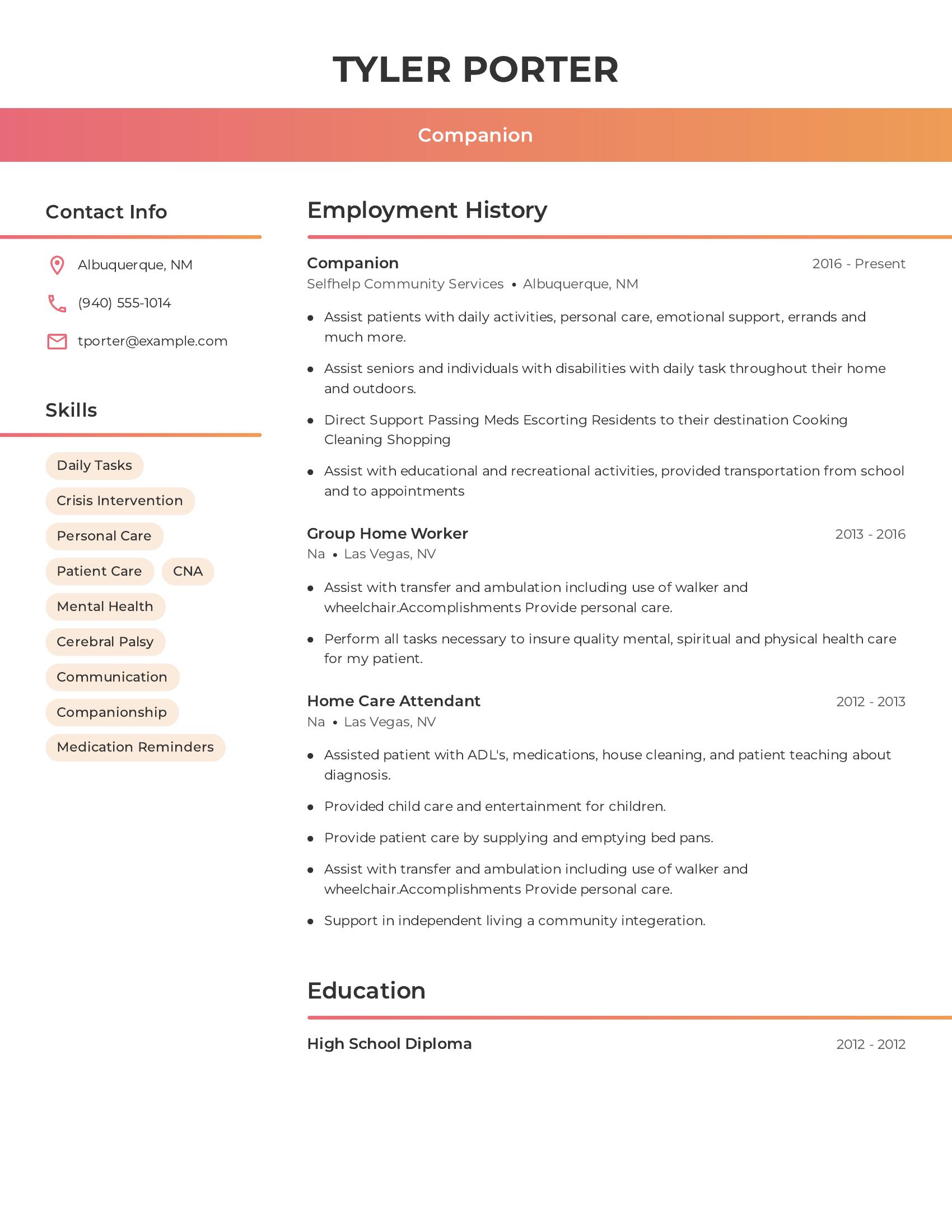 Companion resume example