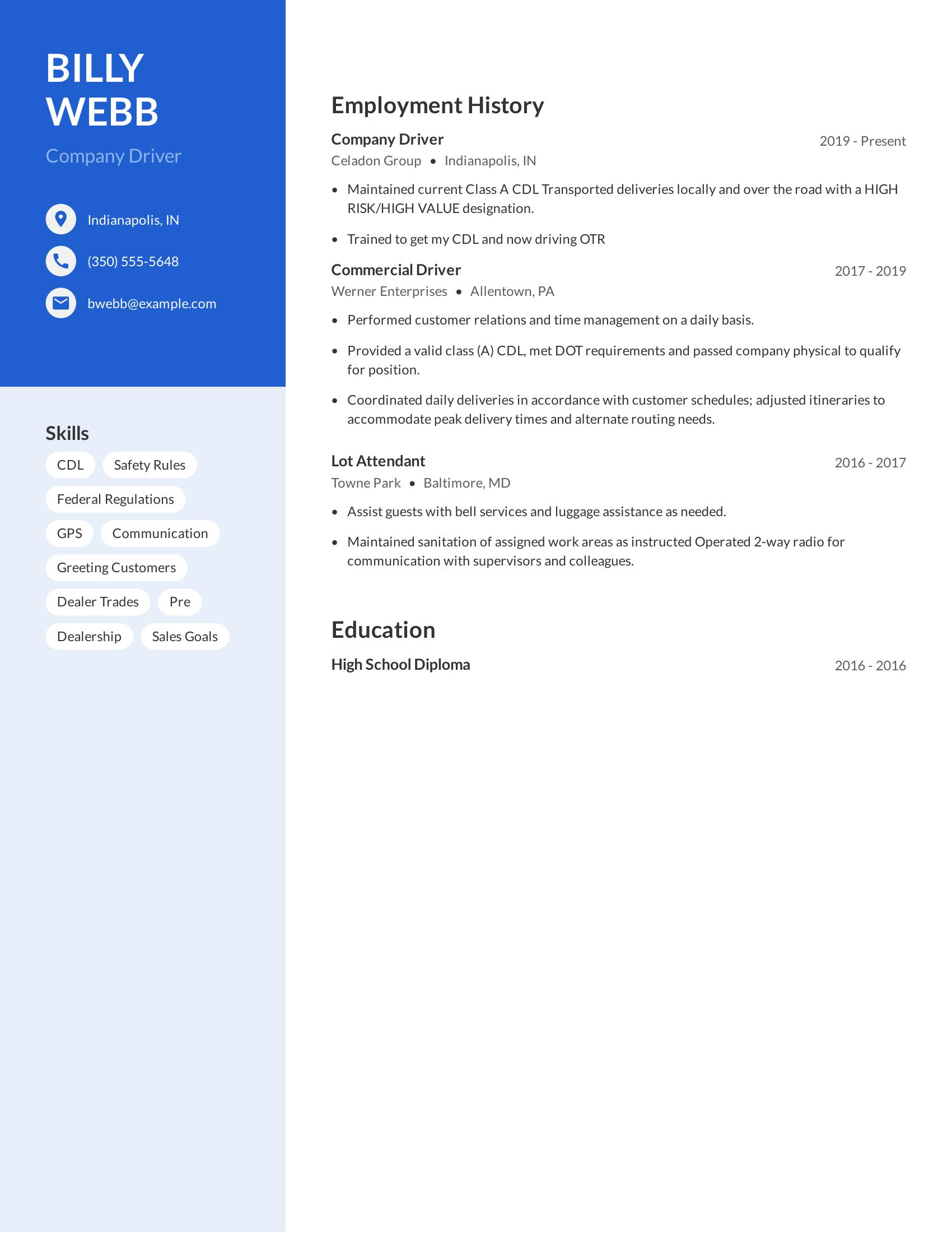 Company Driver resume example