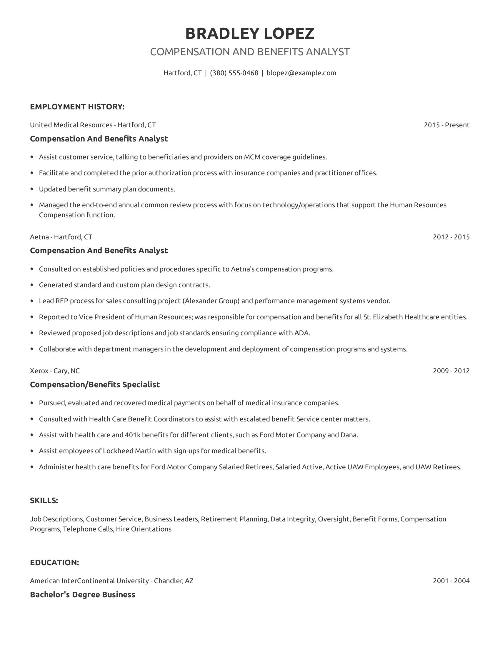 Compensation And Benefits Analyst resume example