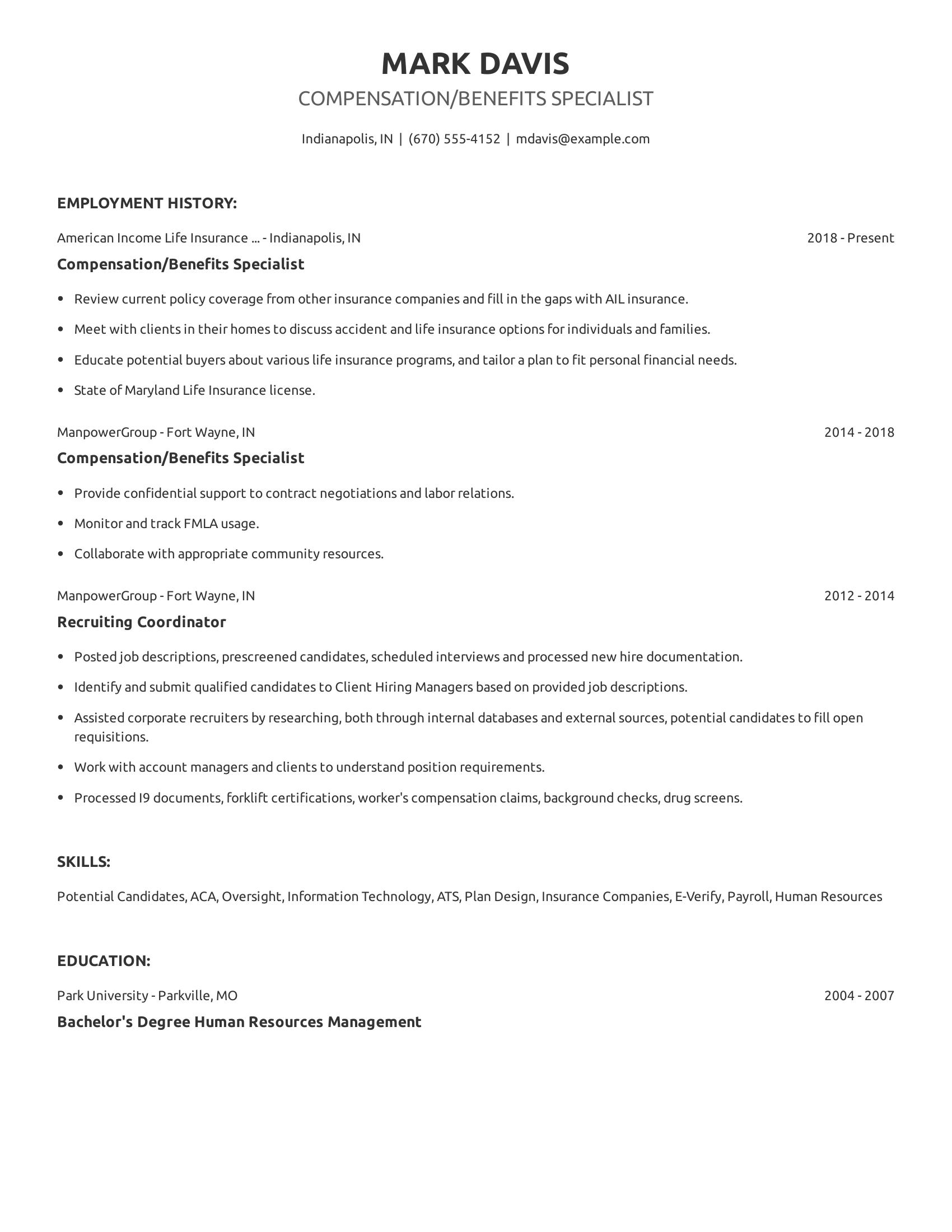 Compensation/Benefits Specialist resume example