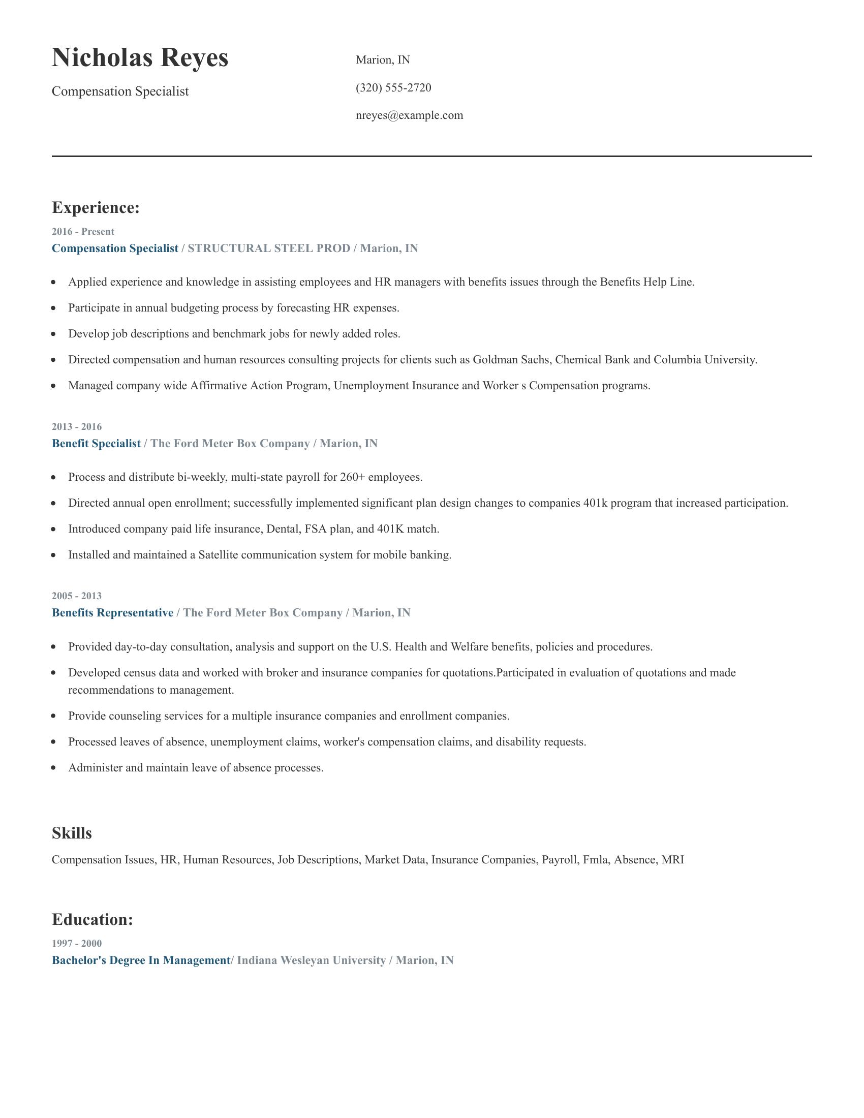 Compensation Specialist resume example