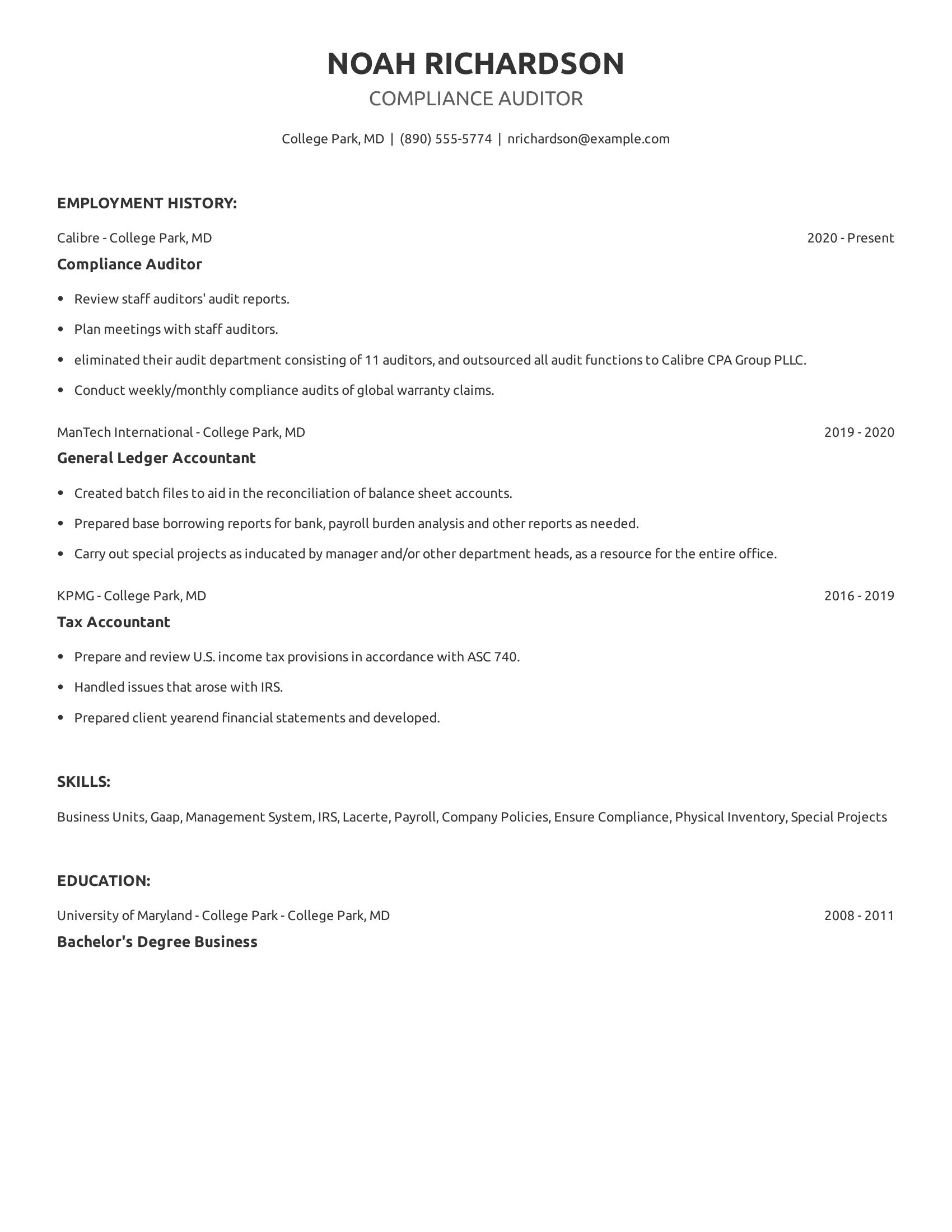 Compliance Auditor resume example