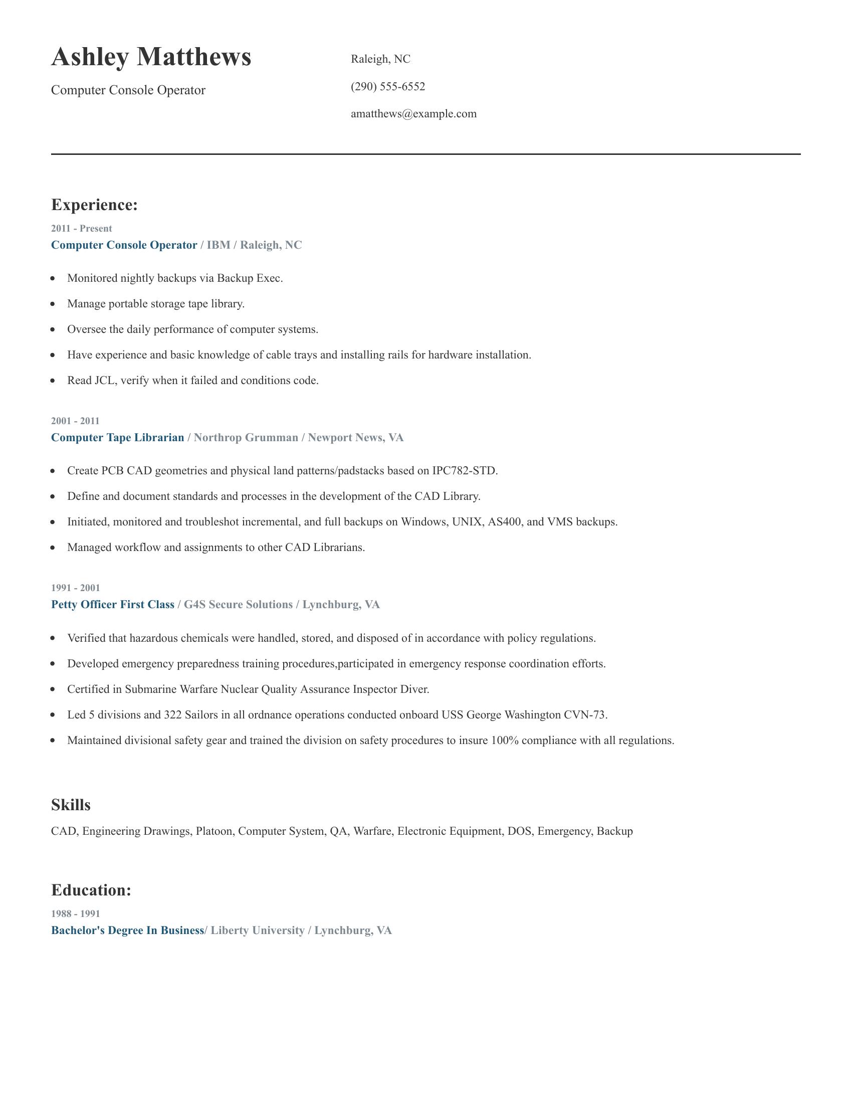 Computer Console Operator resume example