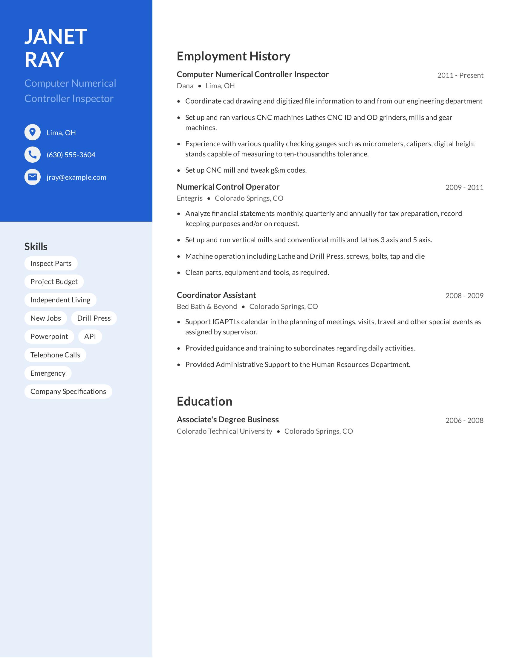 Computer Numerical Controller Inspector resume example
