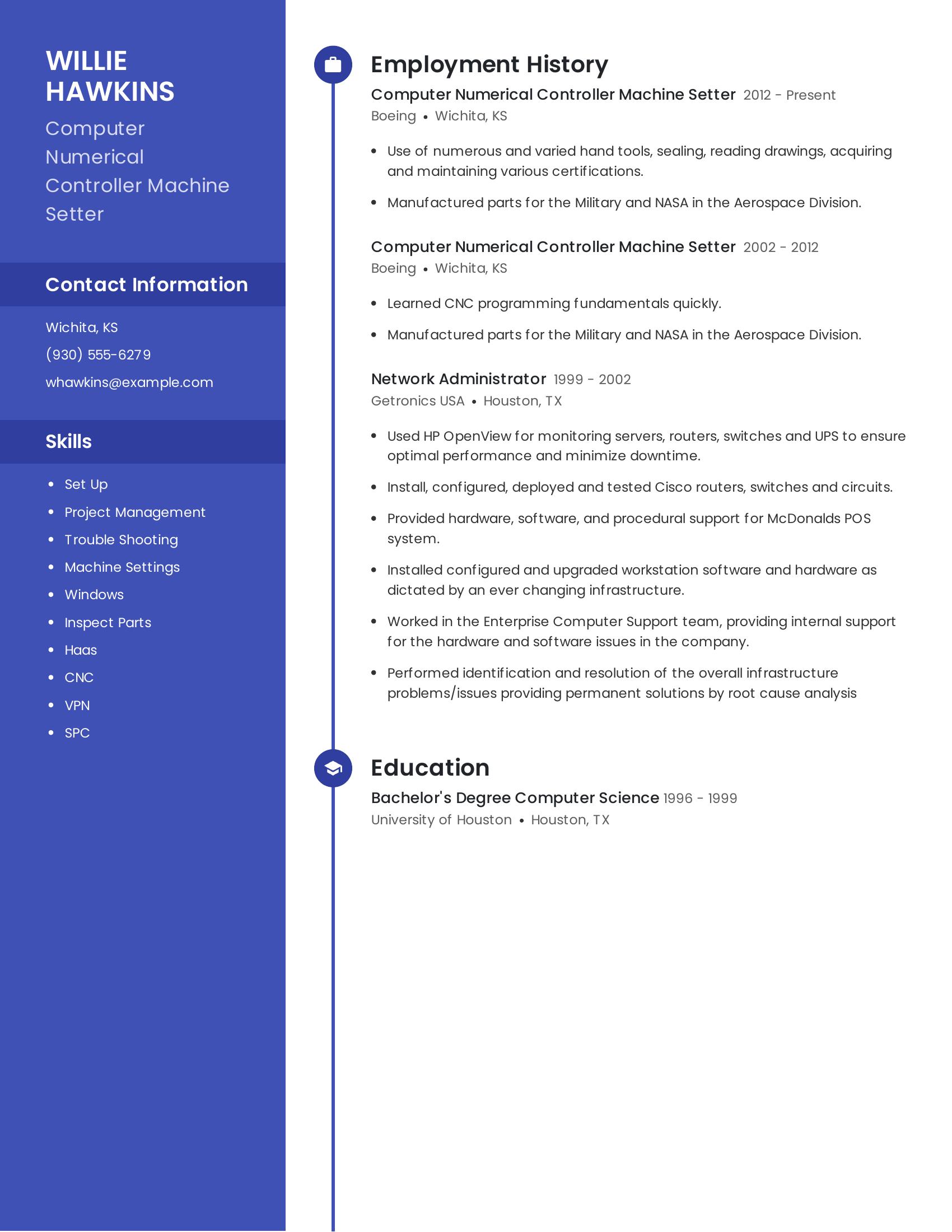 Computer Numerical Controller Machine Setter resume example