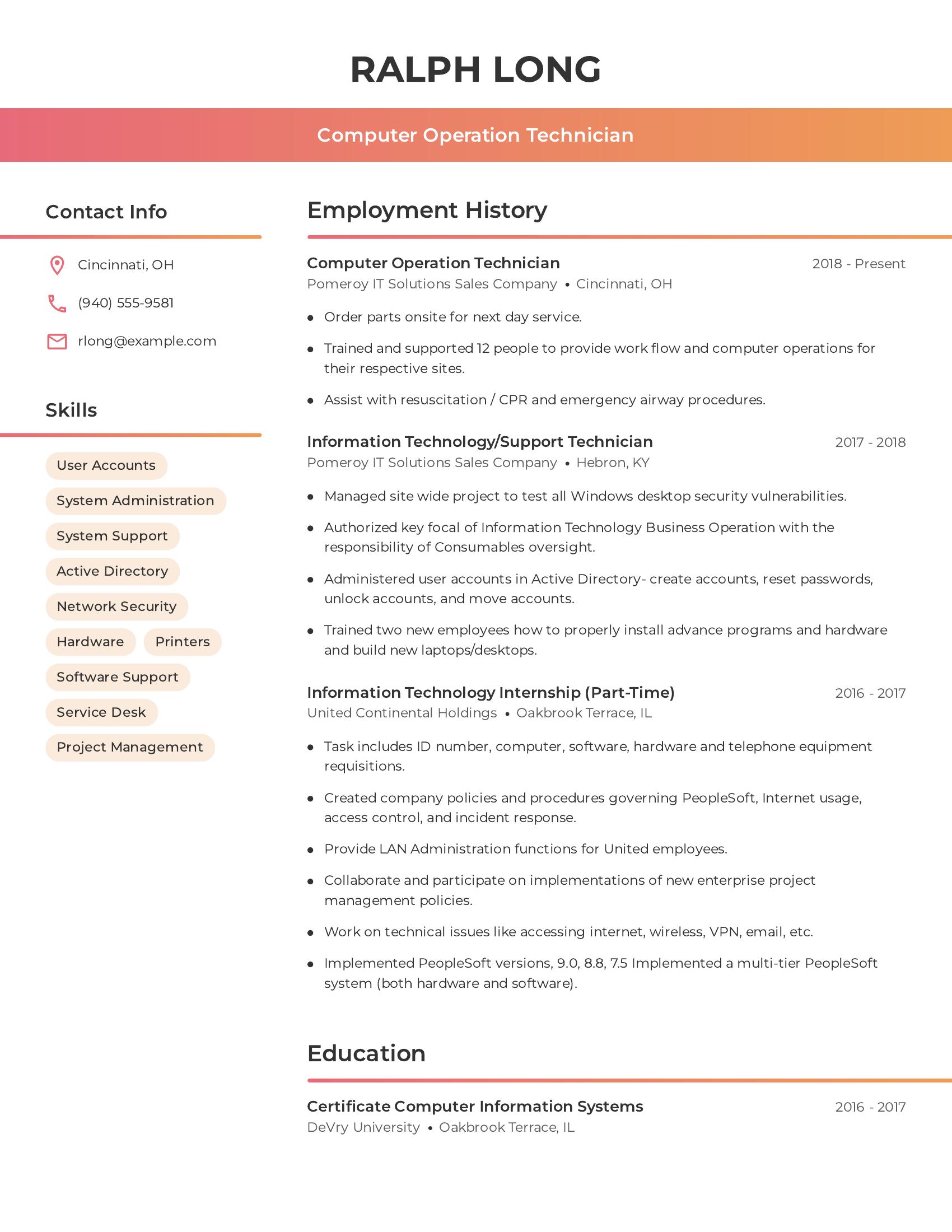 Computer Operation Technician resume example