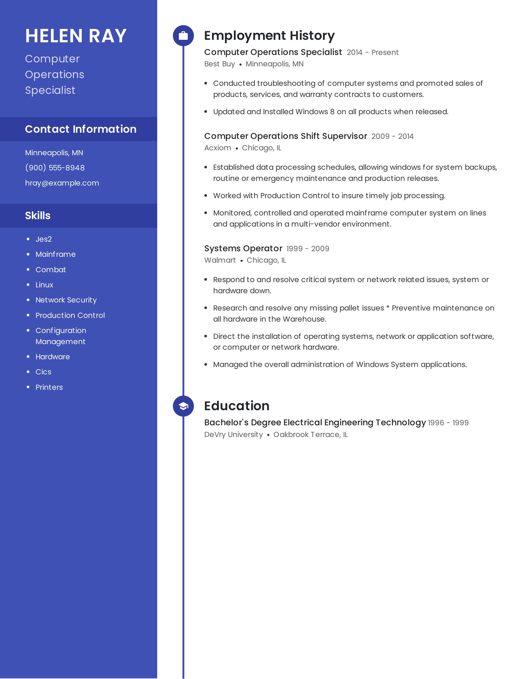 Computer Operations Specialist resume example