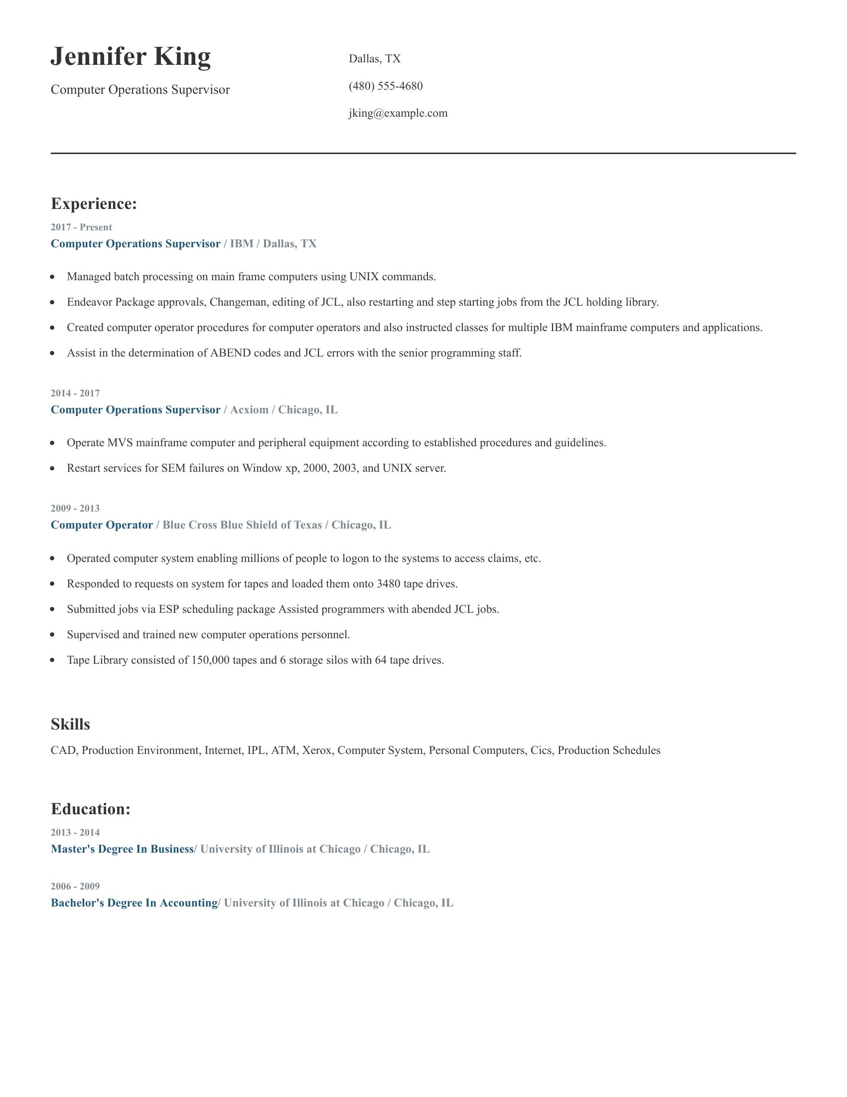 Computer Operations Supervisor resume example