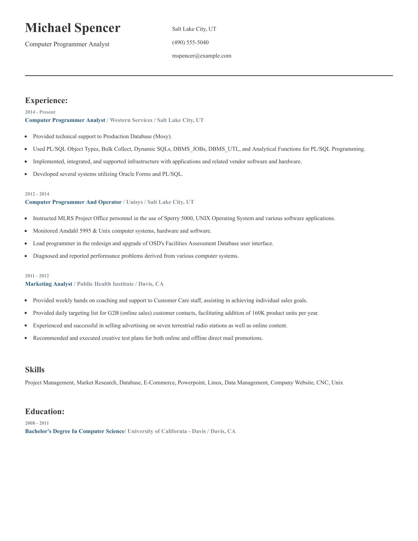 Computer Programmer Analyst resume example