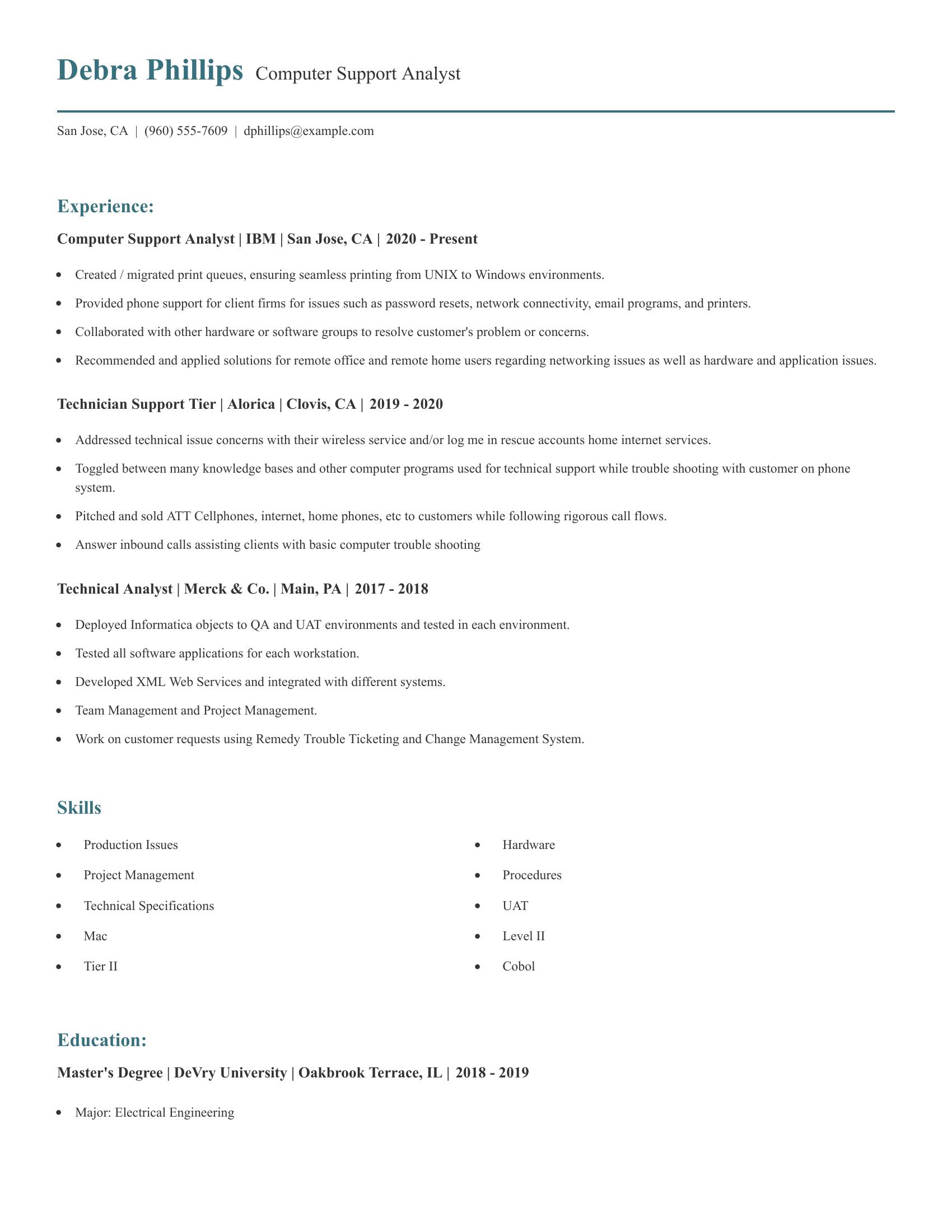 Computer Support Analyst resume example