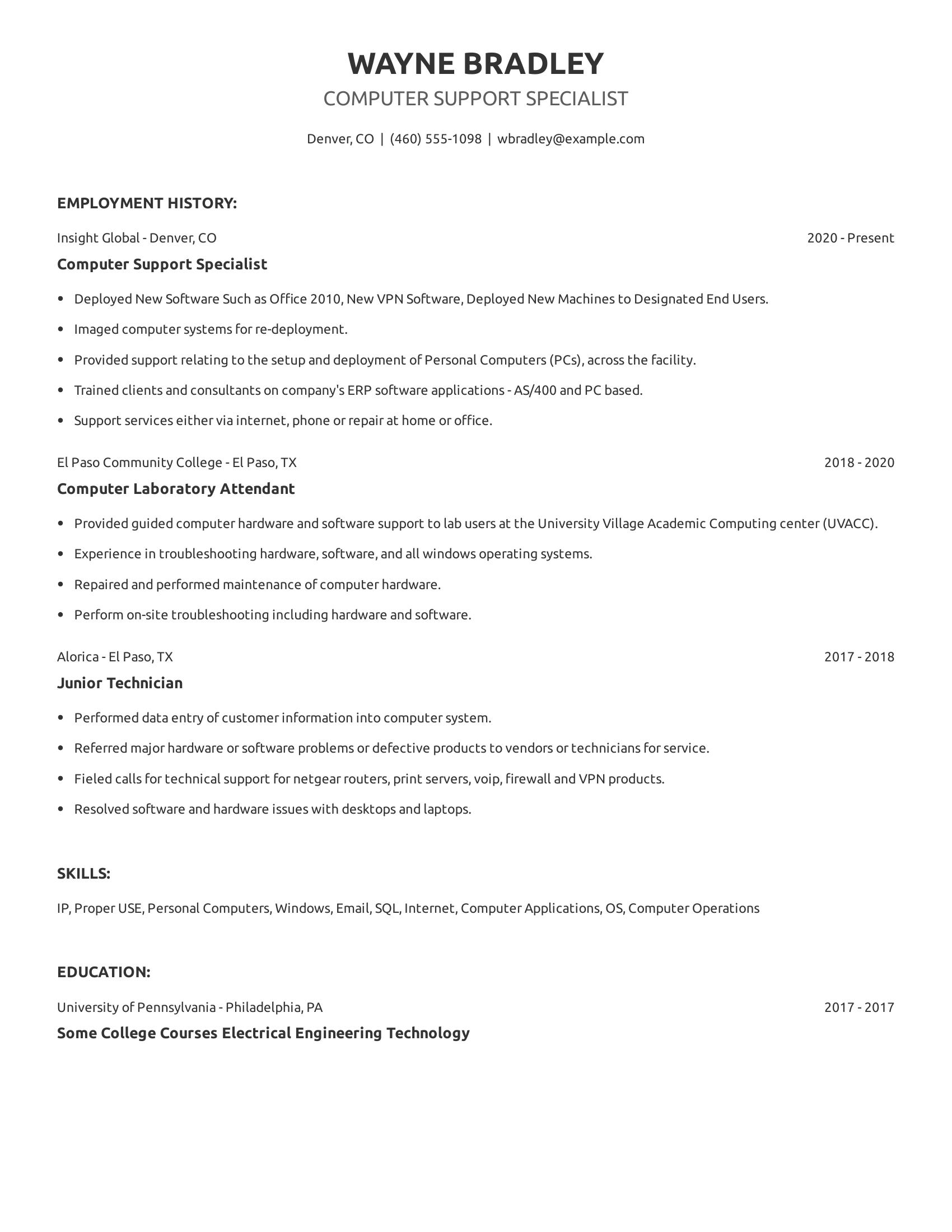 Computer Support Specialist resume example