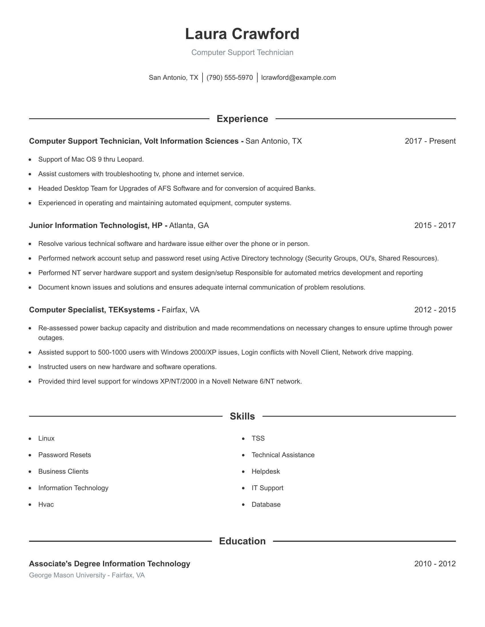 Computer Support Technician resume example