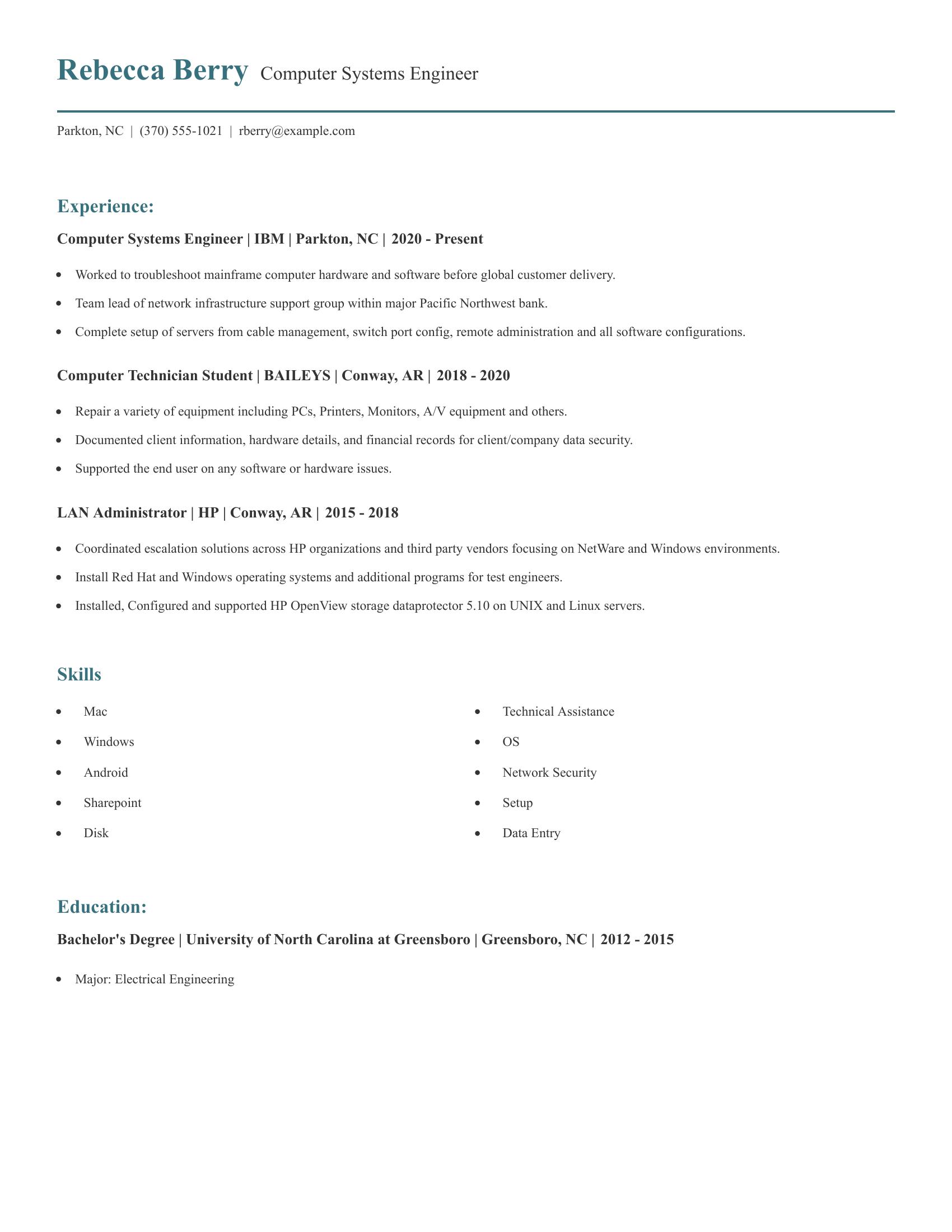 Computer Systems Engineer resume example