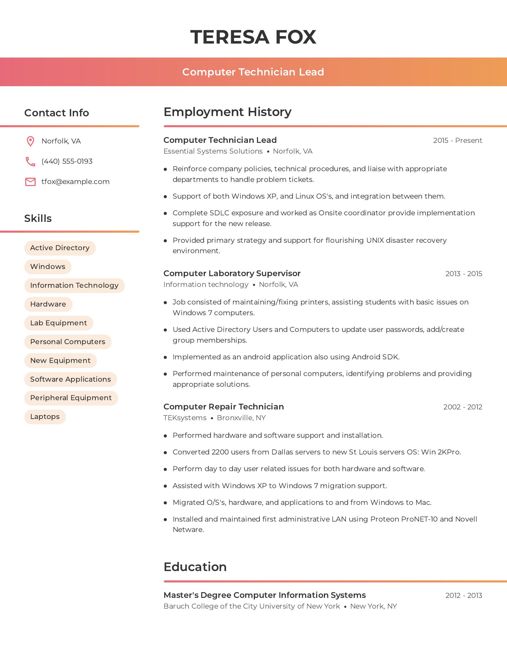 Computer Technician Lead resume example