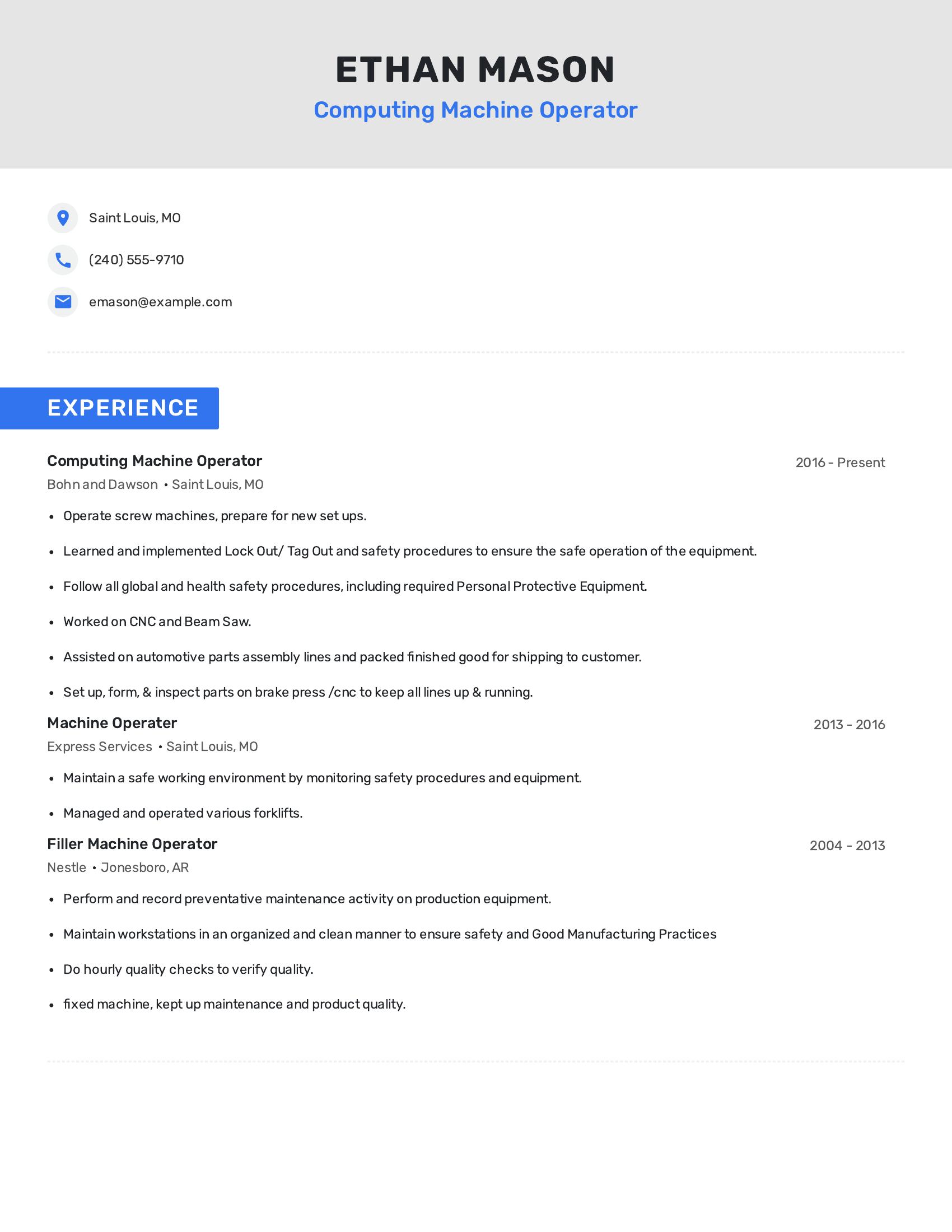 Computing Machine Operator resume example
