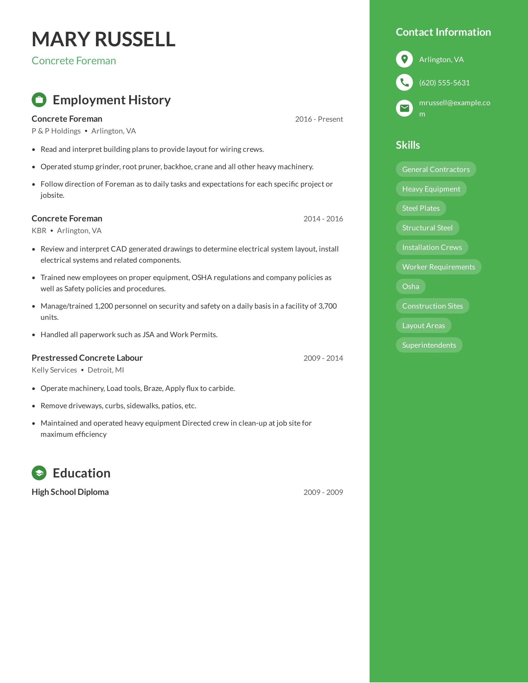 Concrete Foreman resume example