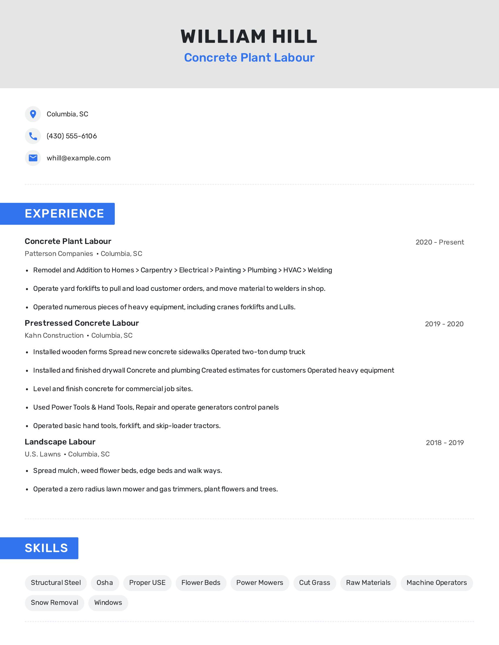 Concrete Plant Labour resume example