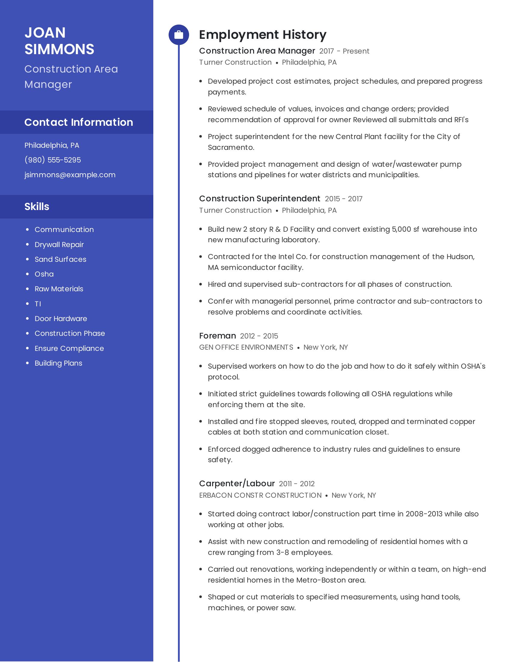 Construction Area Manager resume example