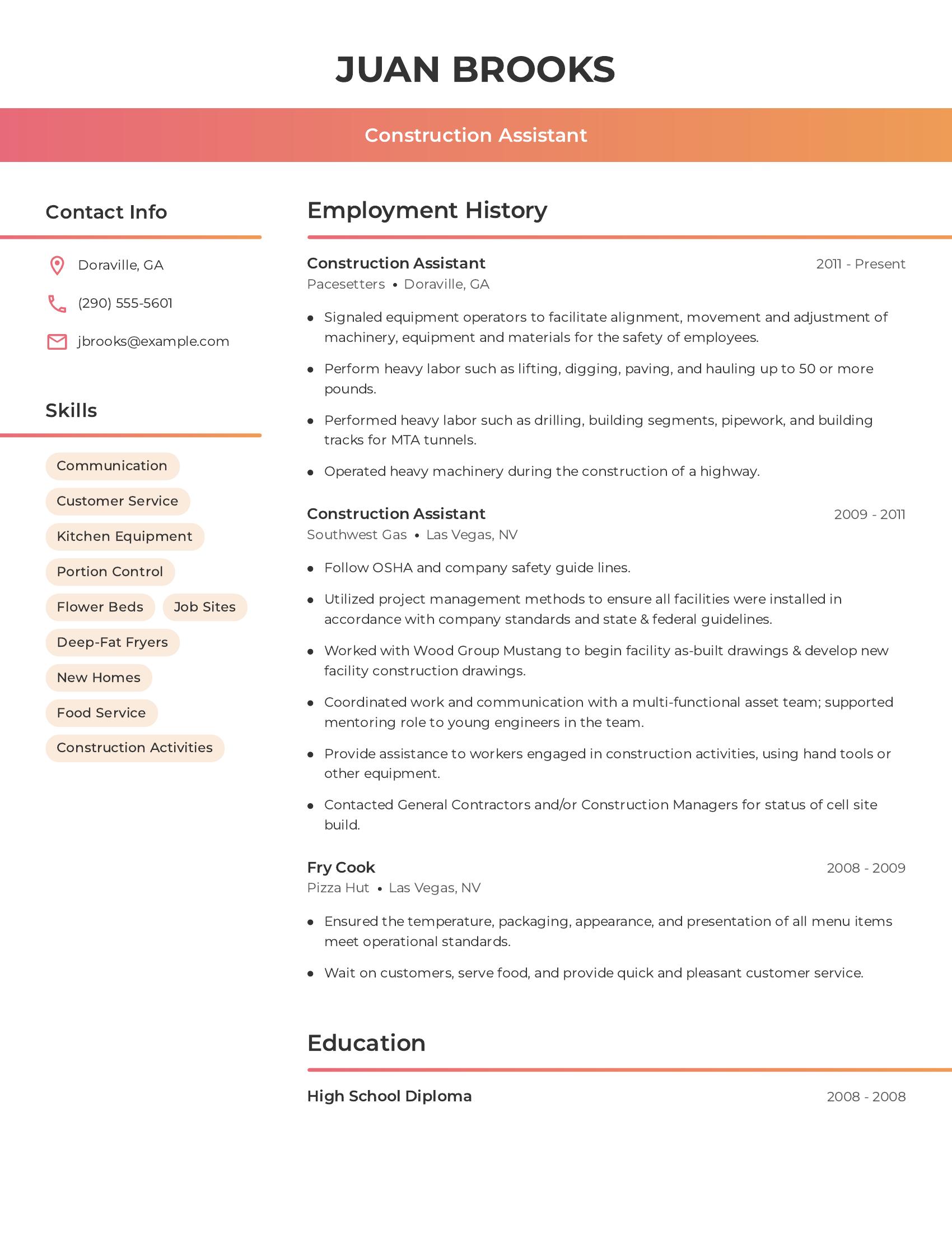 Construction Assistant resume example