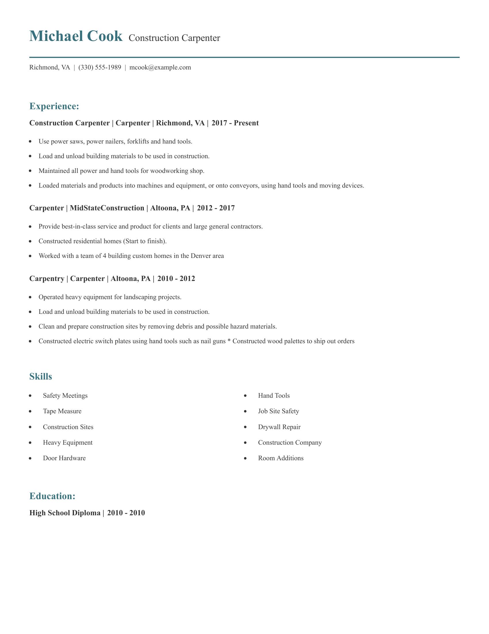 Construction Carpenter resume example