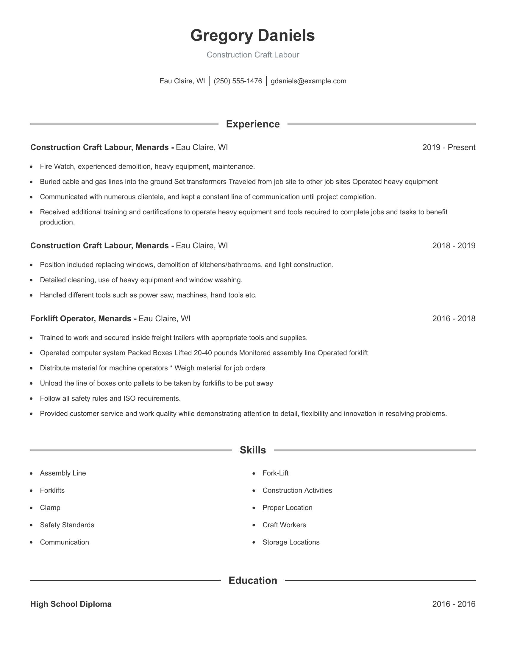 Construction Craft Labour resume example