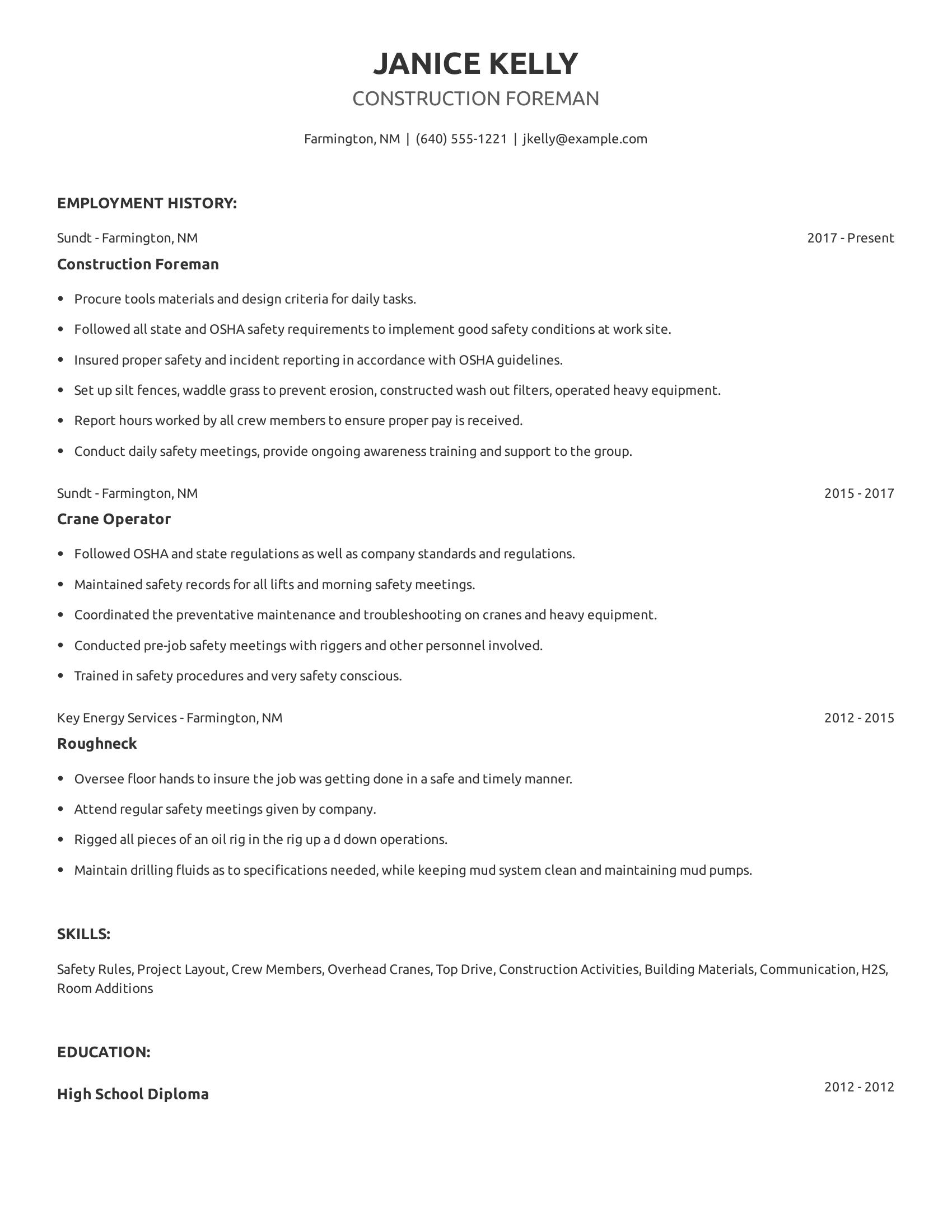 Construction Foreman resume example