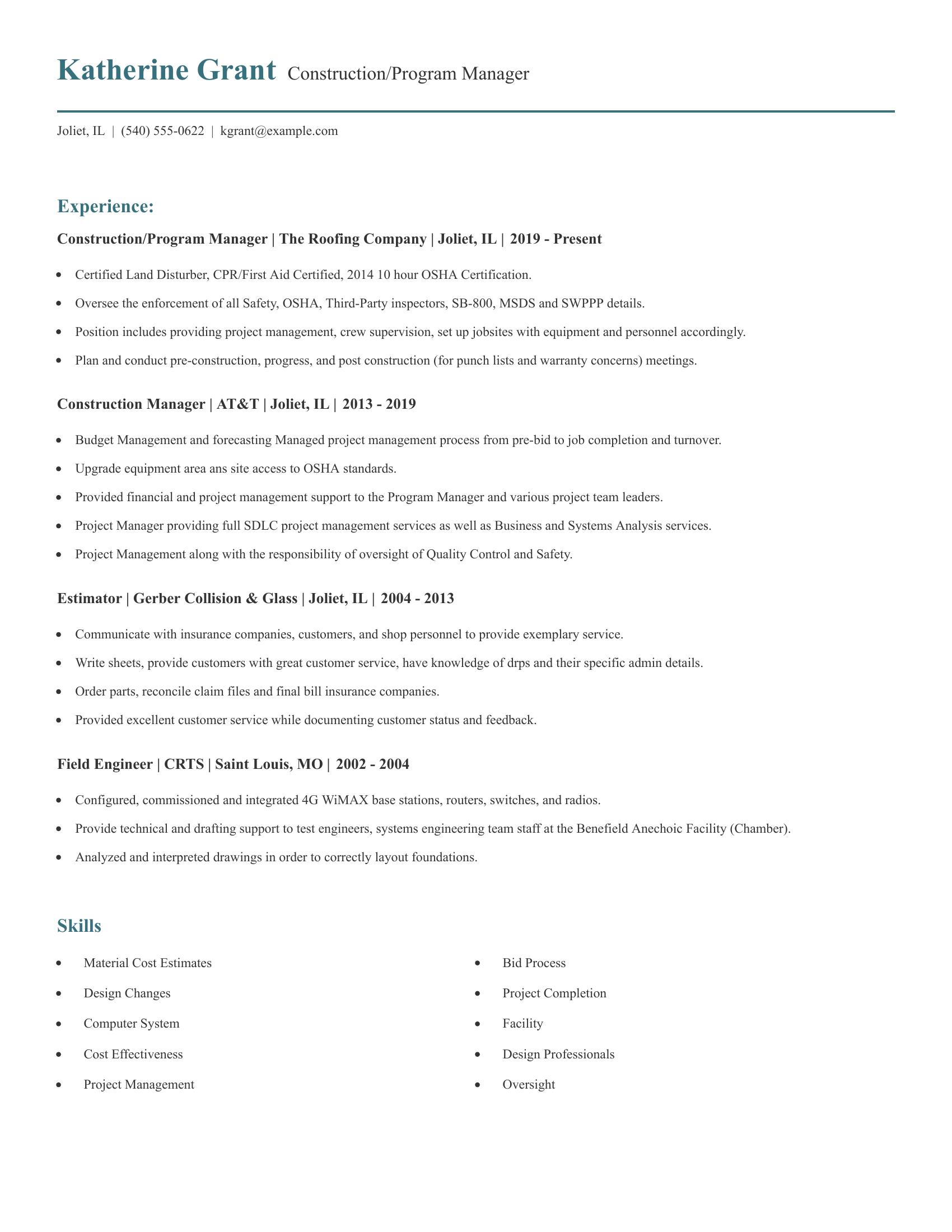 Construction/Program Manager resume example