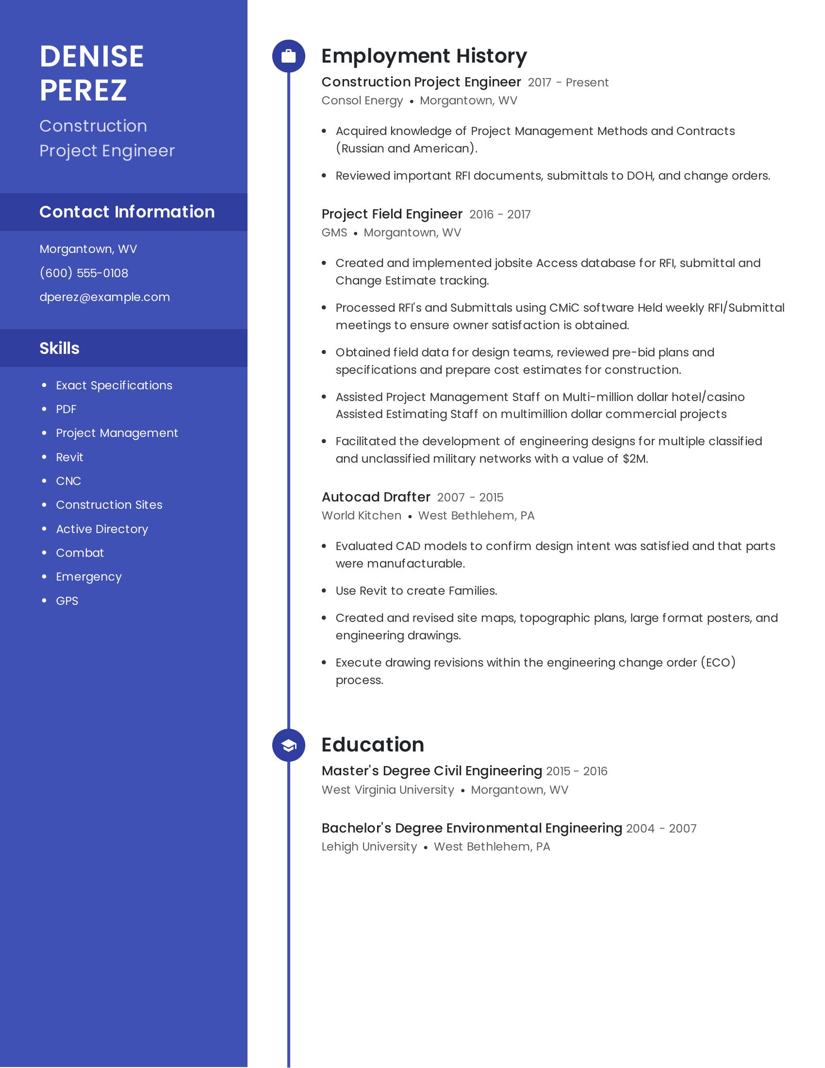 Construction Project Engineer resume example